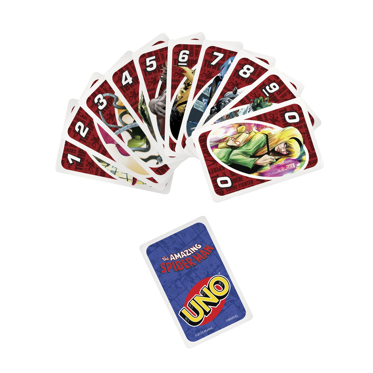 UNO-Karten mit Spider-Man-Motiven und Zahlen von 0-9.
