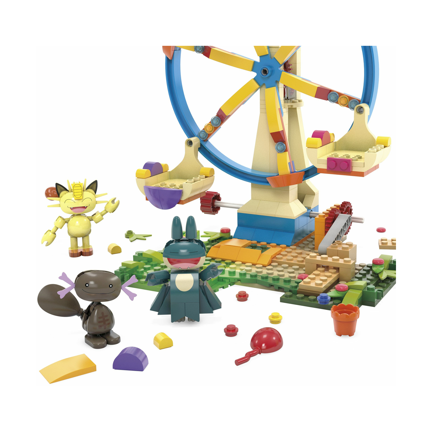 Colorato parco divertimenti con figure Pokémon, ruota panoramica e parco giochi.