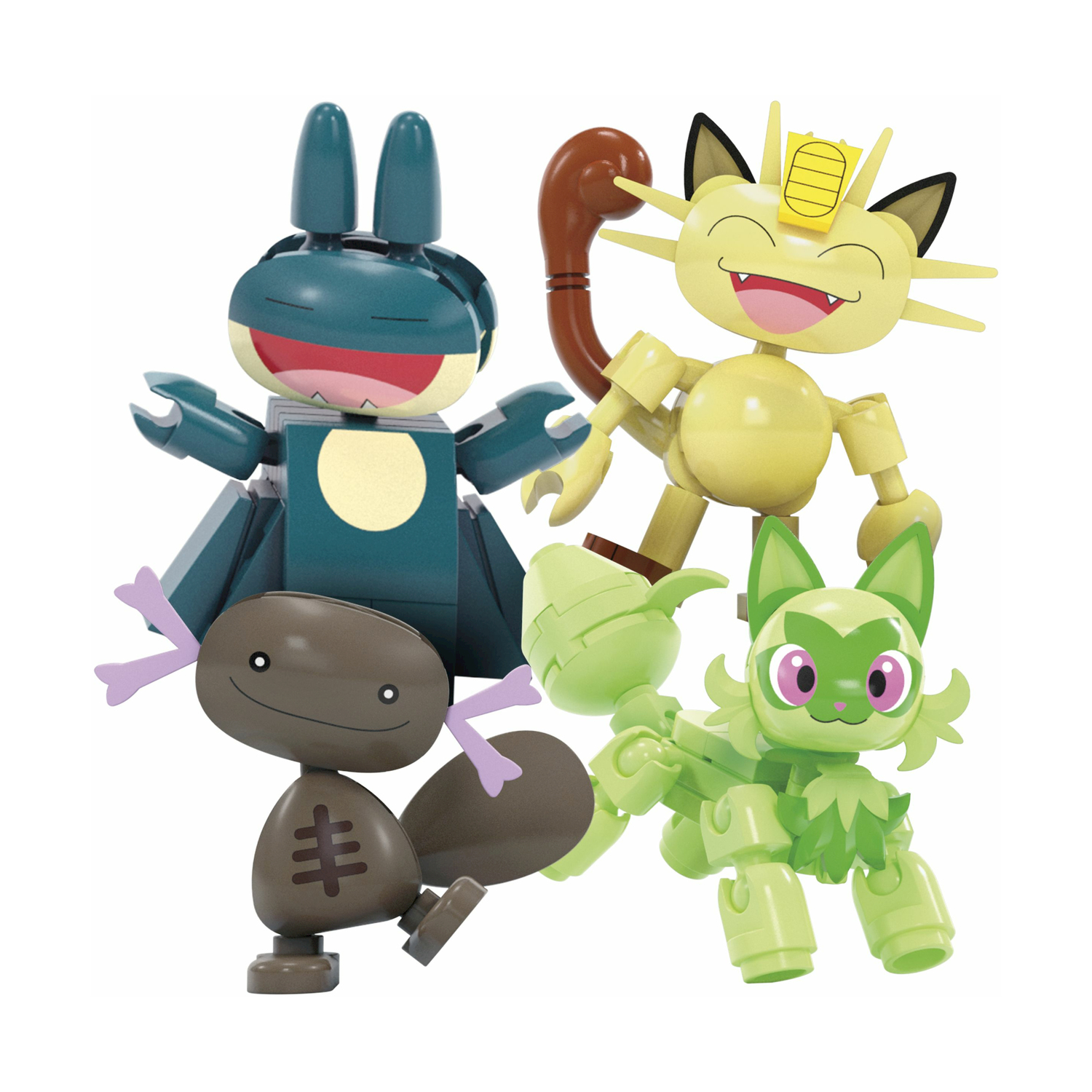 Quattro figure Pokémon: una rana blu, un gatto giallo, un tritone marrone e un gattino verde.