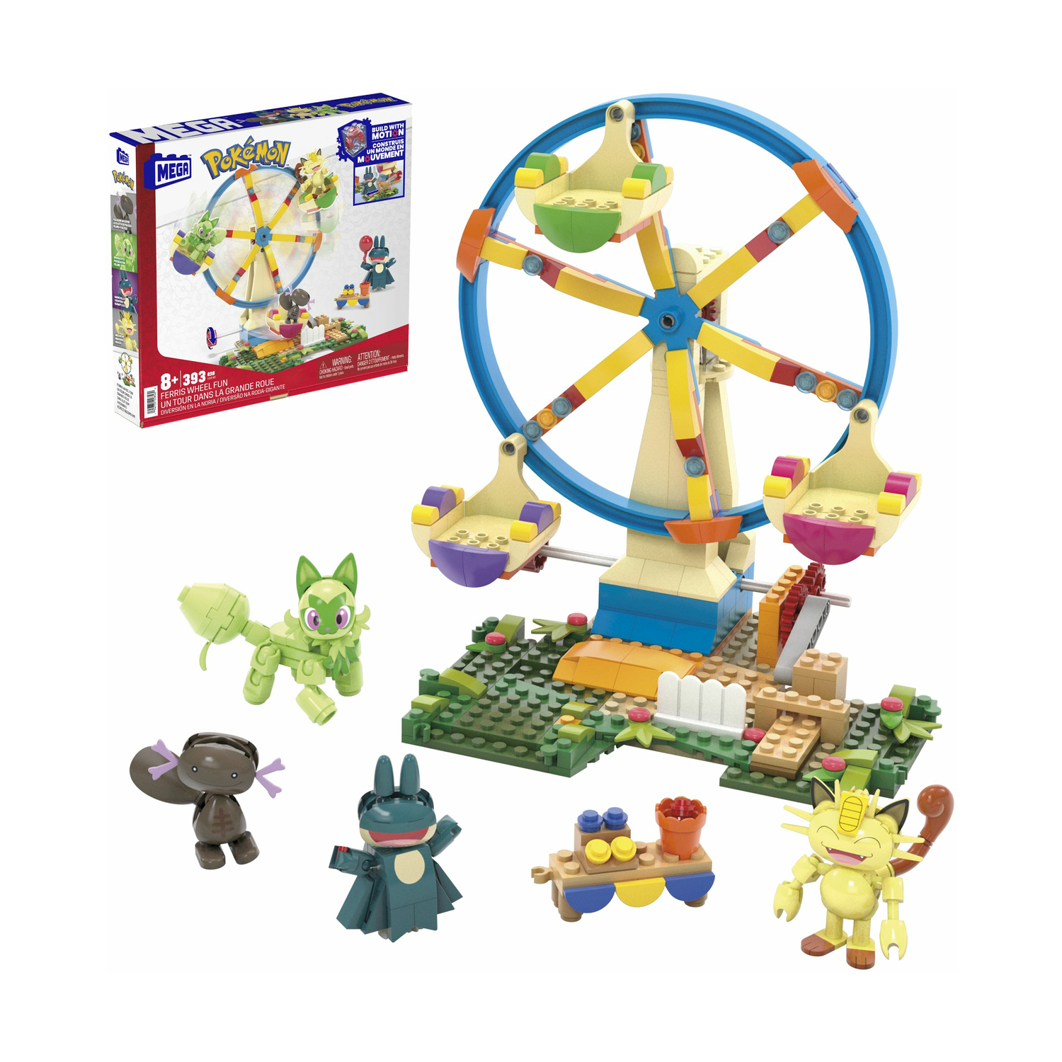 Giocattolo da costruzione ruota panoramica Pokémon con personaggi Meowth e Sprigatito.