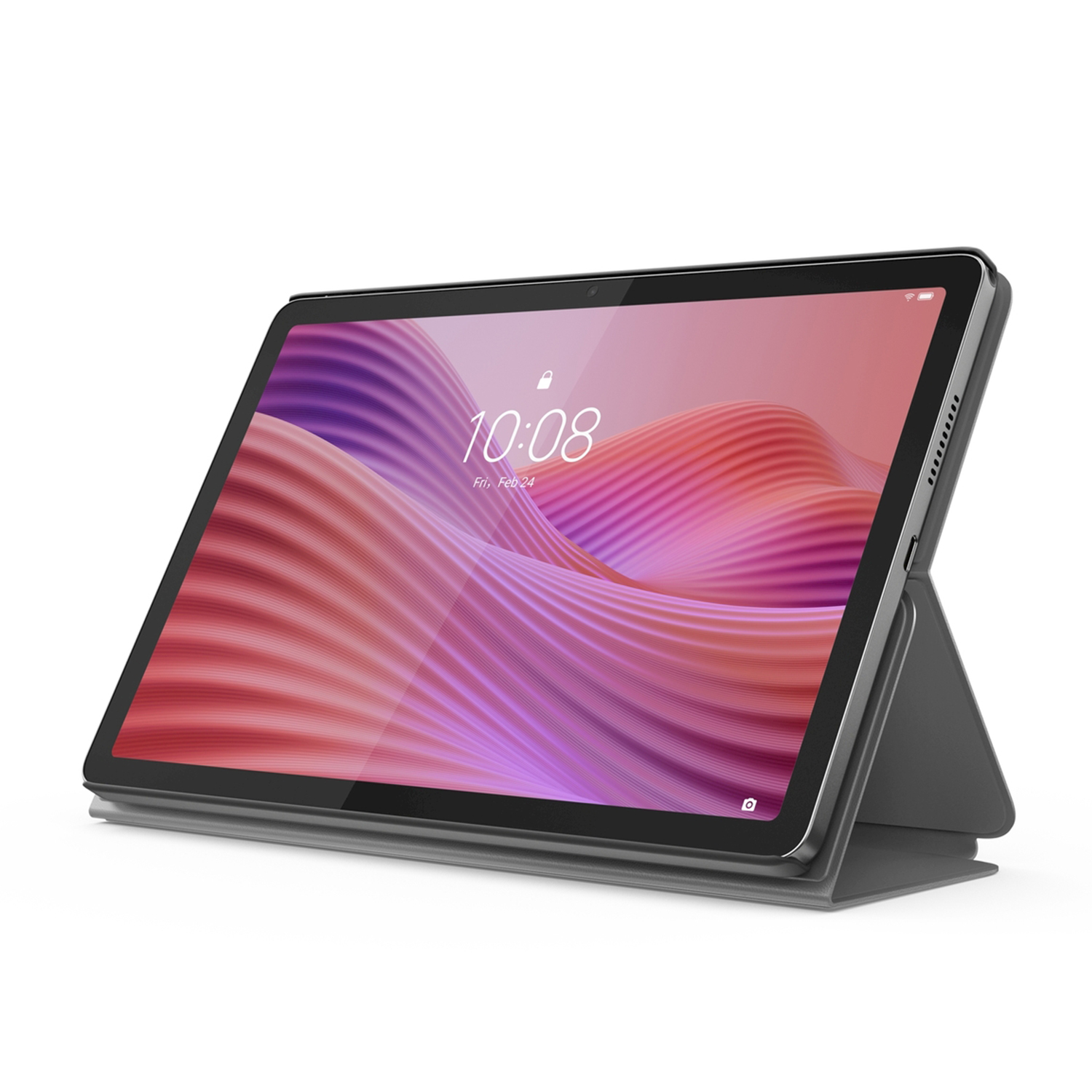 Un tablet grigio in una custodia, esposto su sfondo bianco.