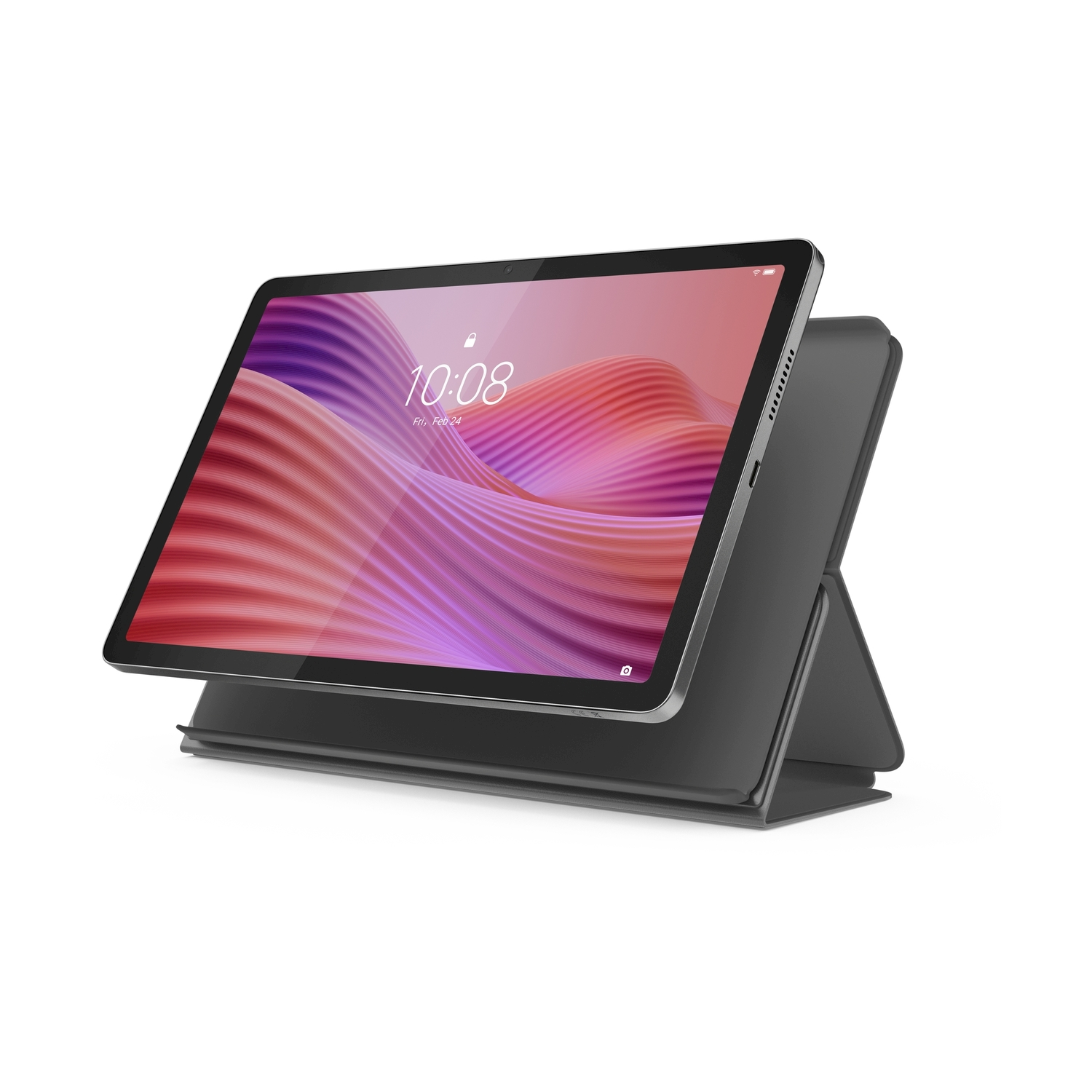 Un tablet d'argento con supporto scuro, su sfondo bianco.