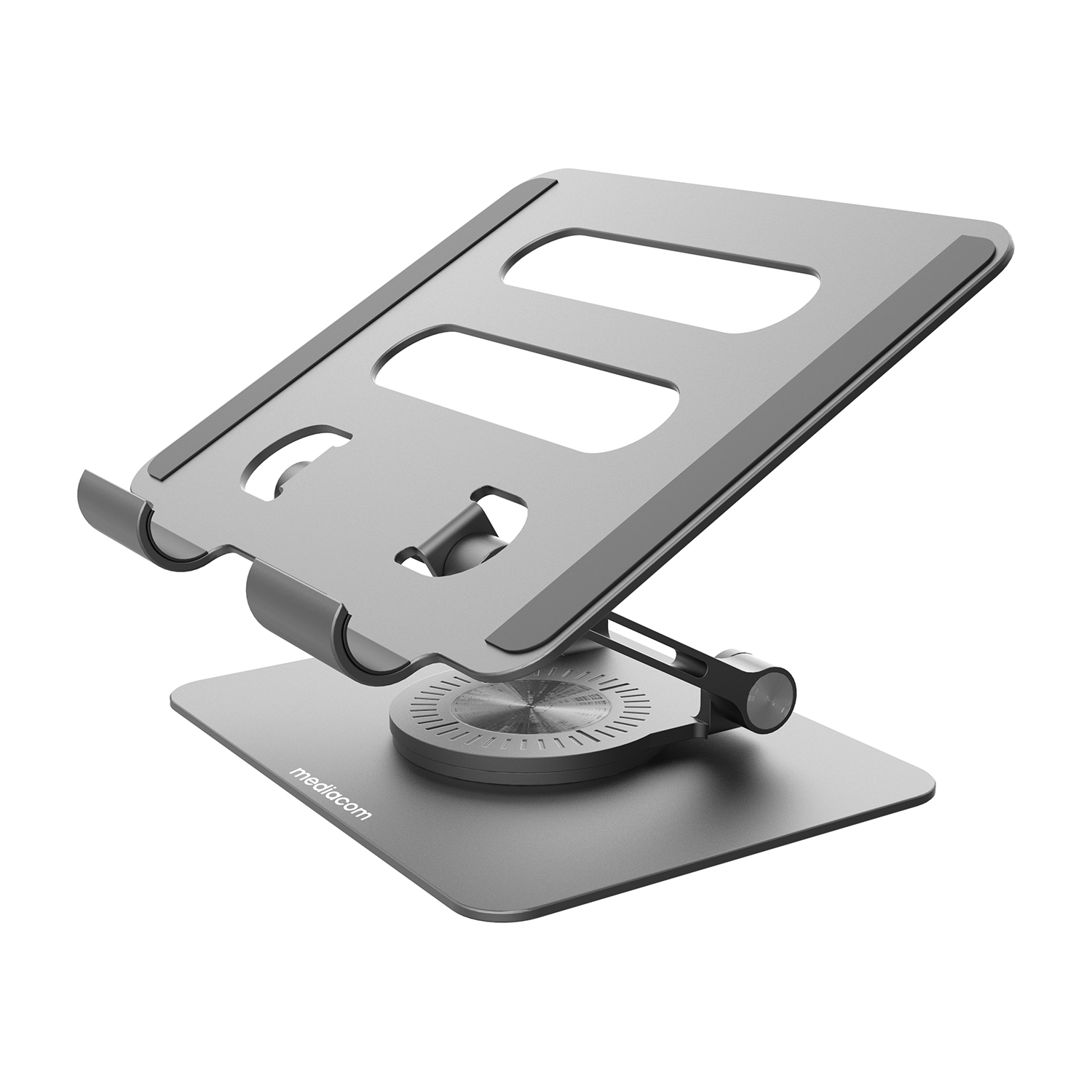 Supporto per laptop regolabile grigio con fessure di ventilazione e logo Mediacom.