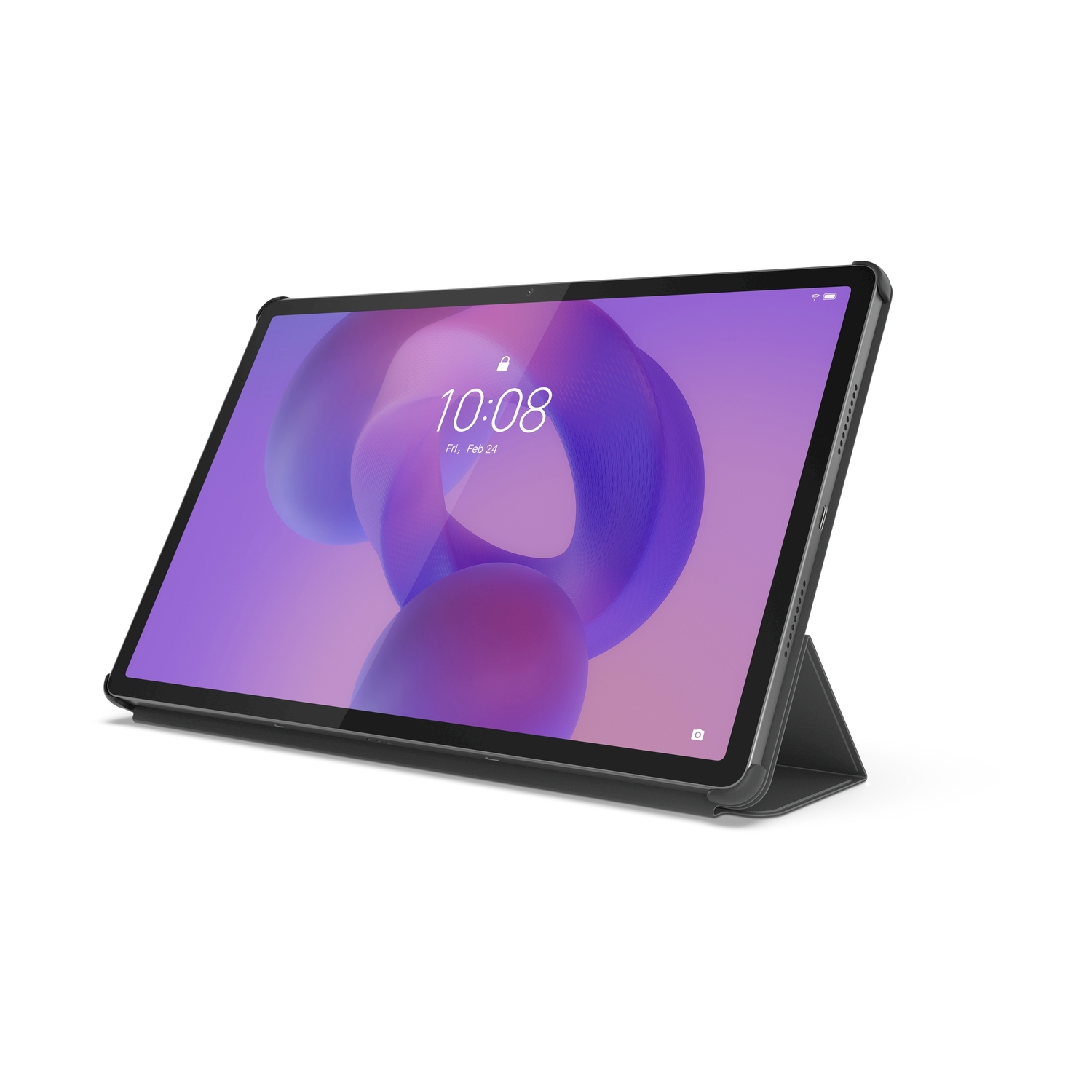 Een grijze tablet in een hoes rust op een witte achtergrond. De tijd is 10:08.