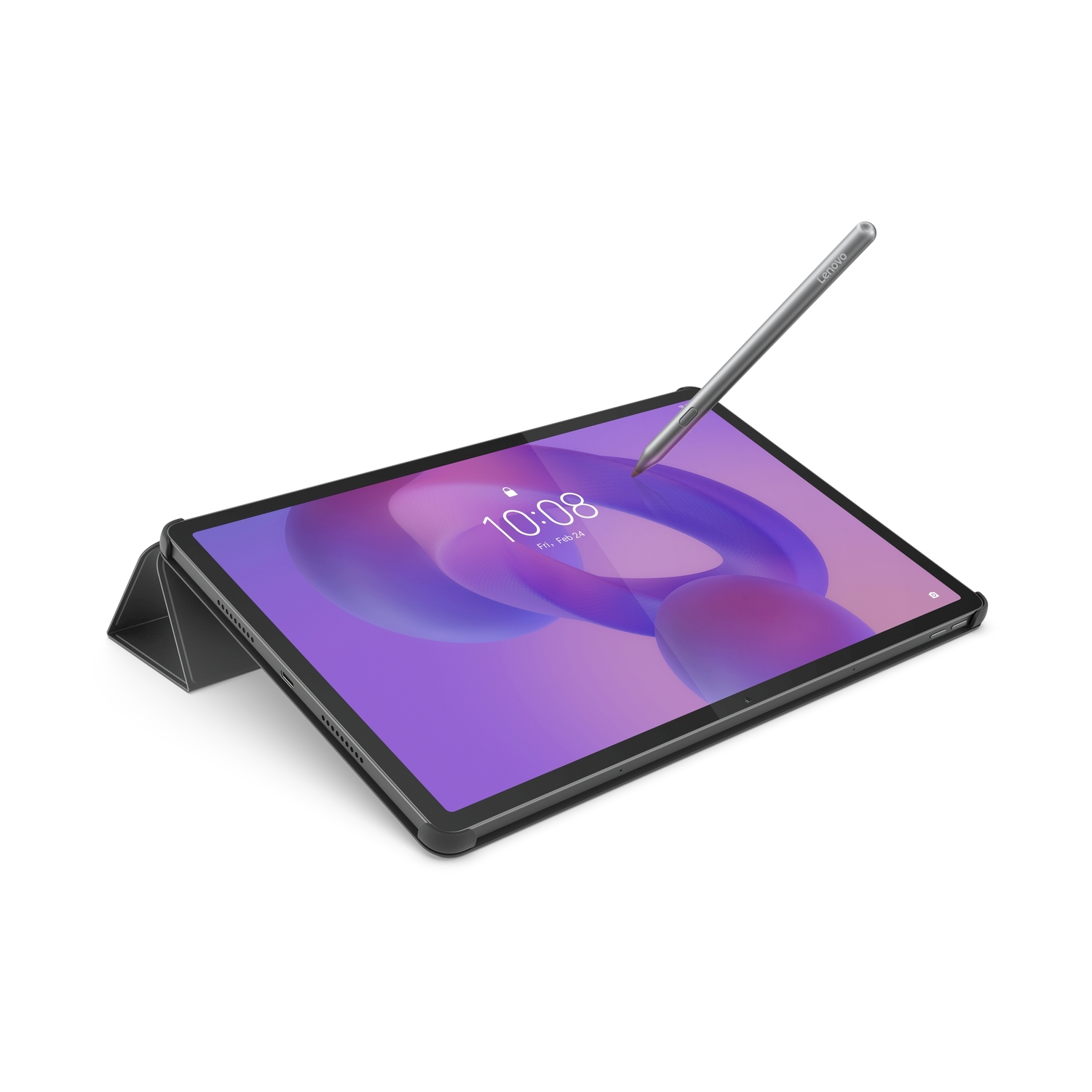 Een grijze Lenovo-stylus rust op een tablet met paarse achtergrond.