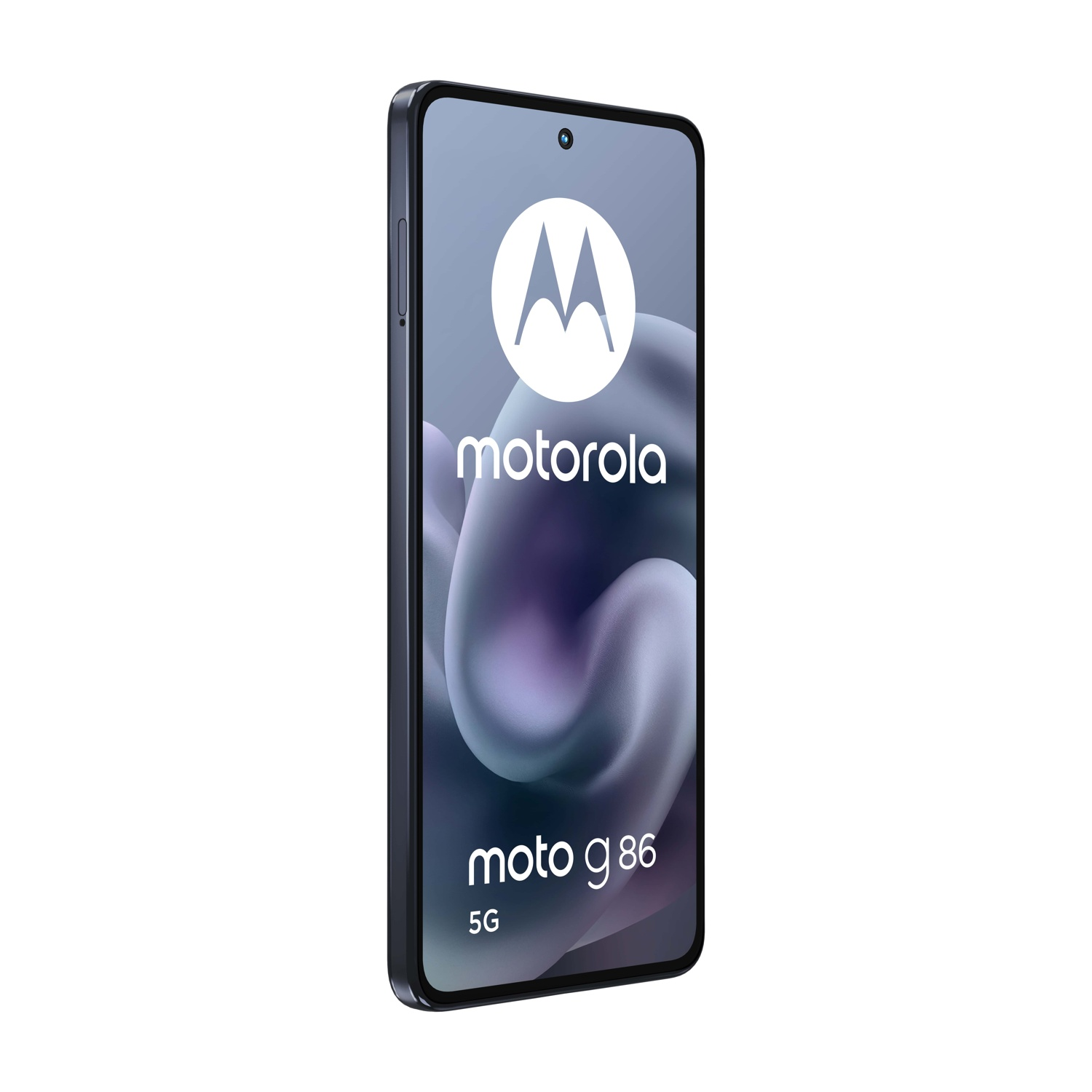Ciemnoszary smartfon Motorola Moto G86 5G z logo Motoroli na ekranie.