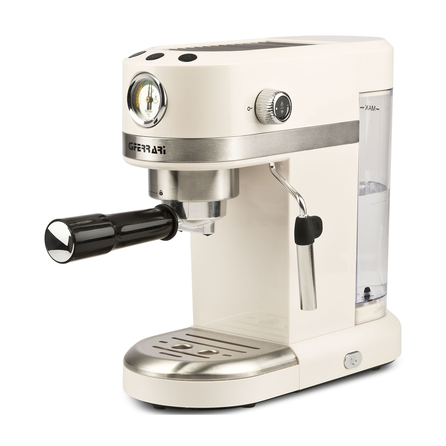 Een crèmekleurige espressomachine met zilveren accenten en een drukmeter.