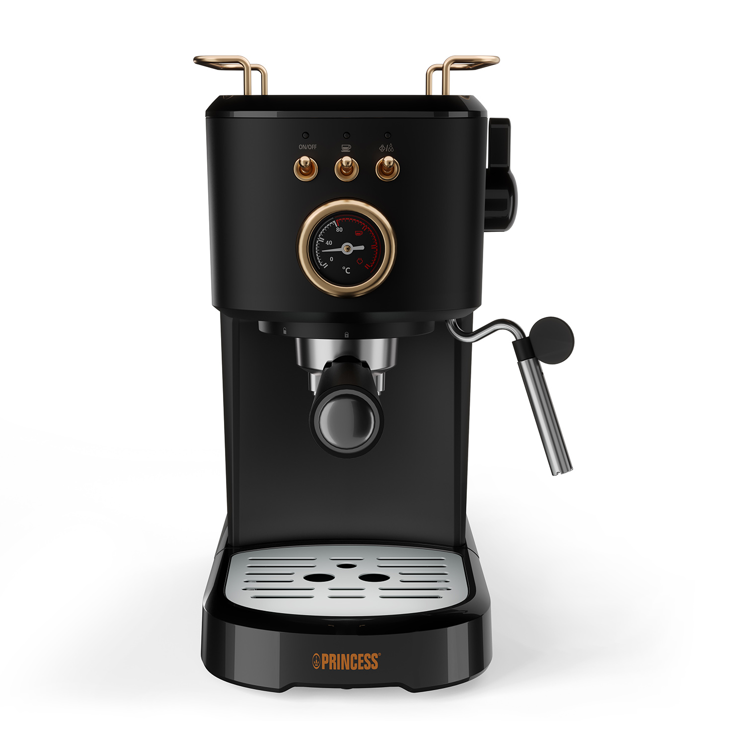 Zwarte espressomachine met gouden accenten, manometer en stoompijp.