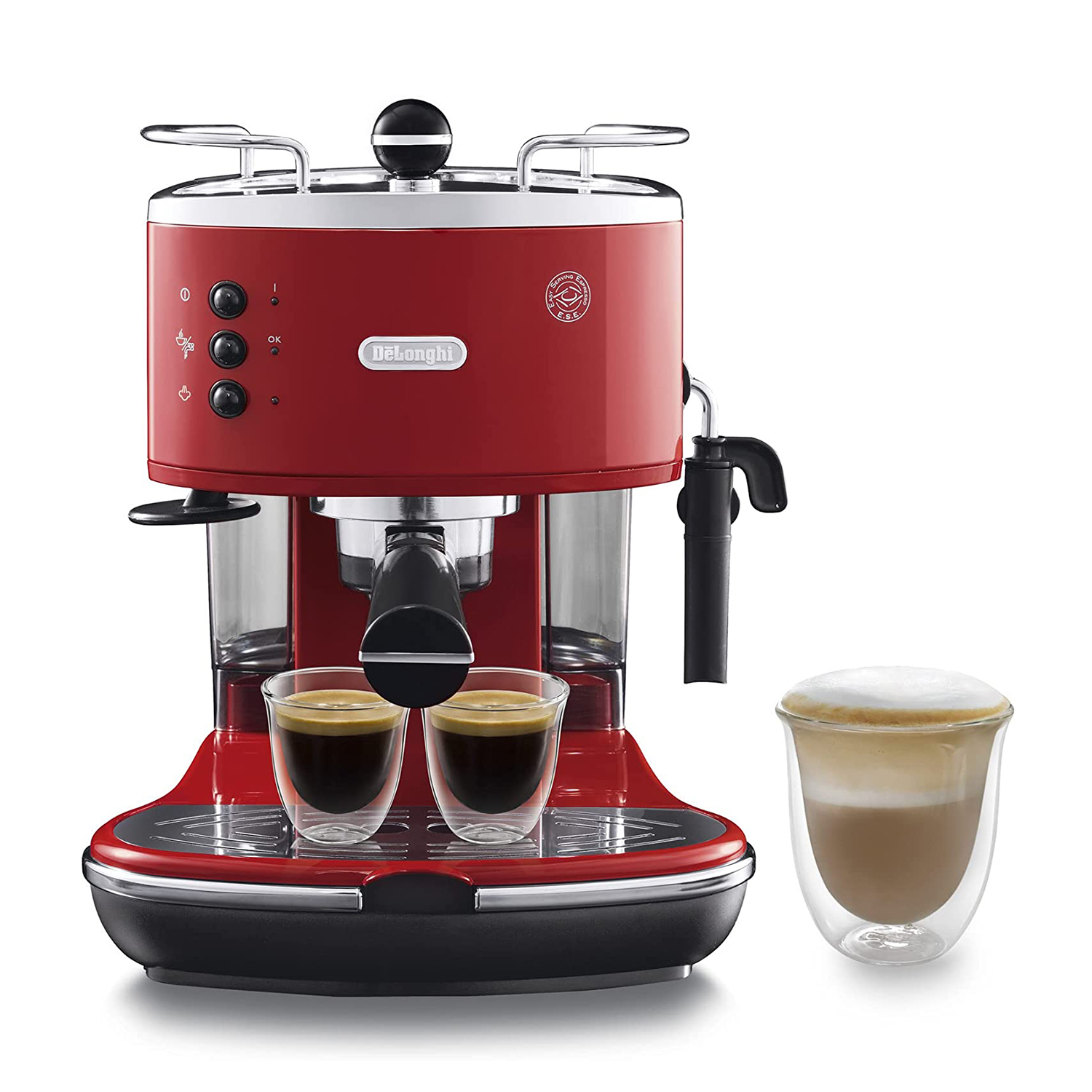 Rode DeLonghi espressomachine met twee espresso's en een latte macchiato.