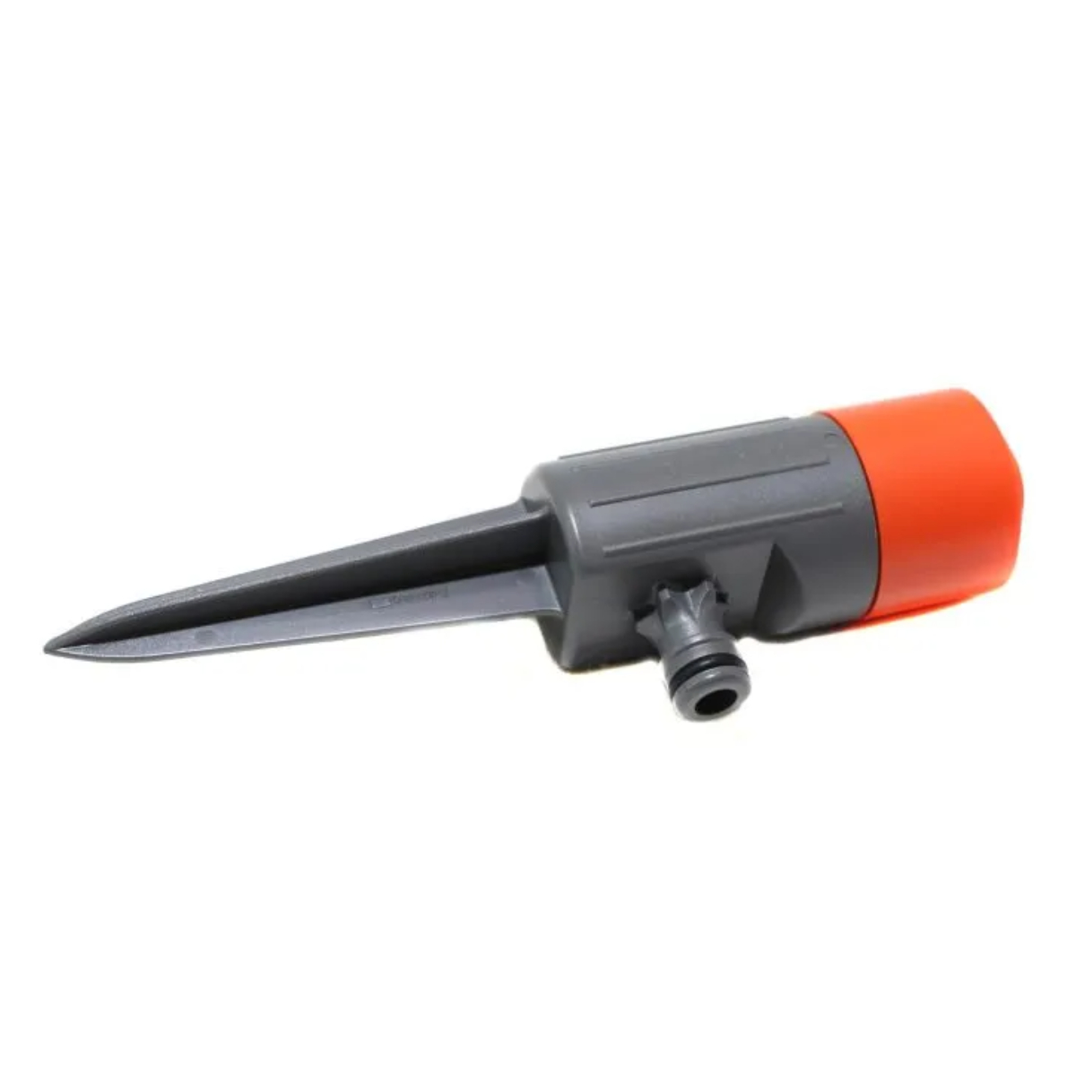 Picchetto grigio per irrigatore da giardino con estremità arancione.