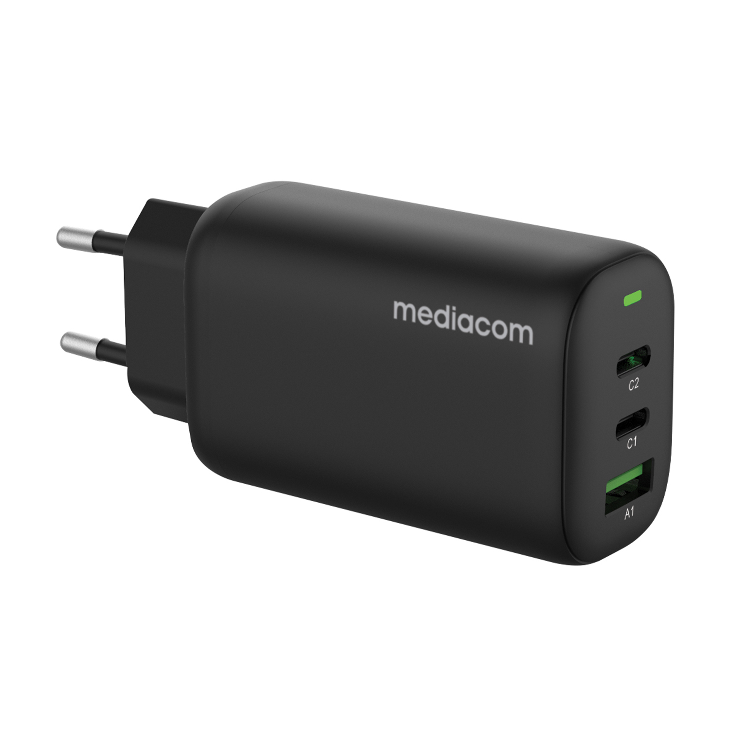 Caricatore Mediacom nero con due porte USB-C e una porta USB-A.