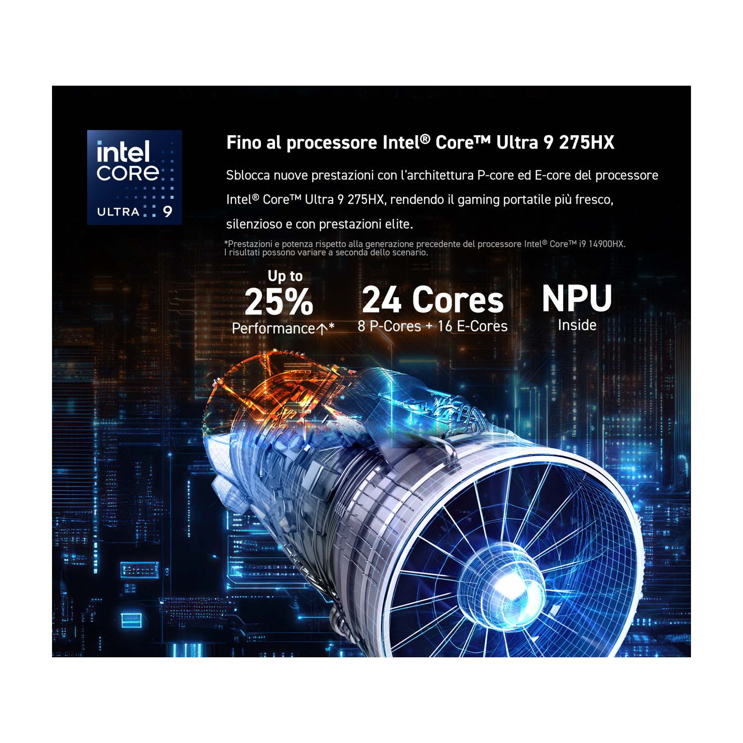 Processore Intel Core Ultra 9 con 24 core e NPU. Turbina blu in primo piano.