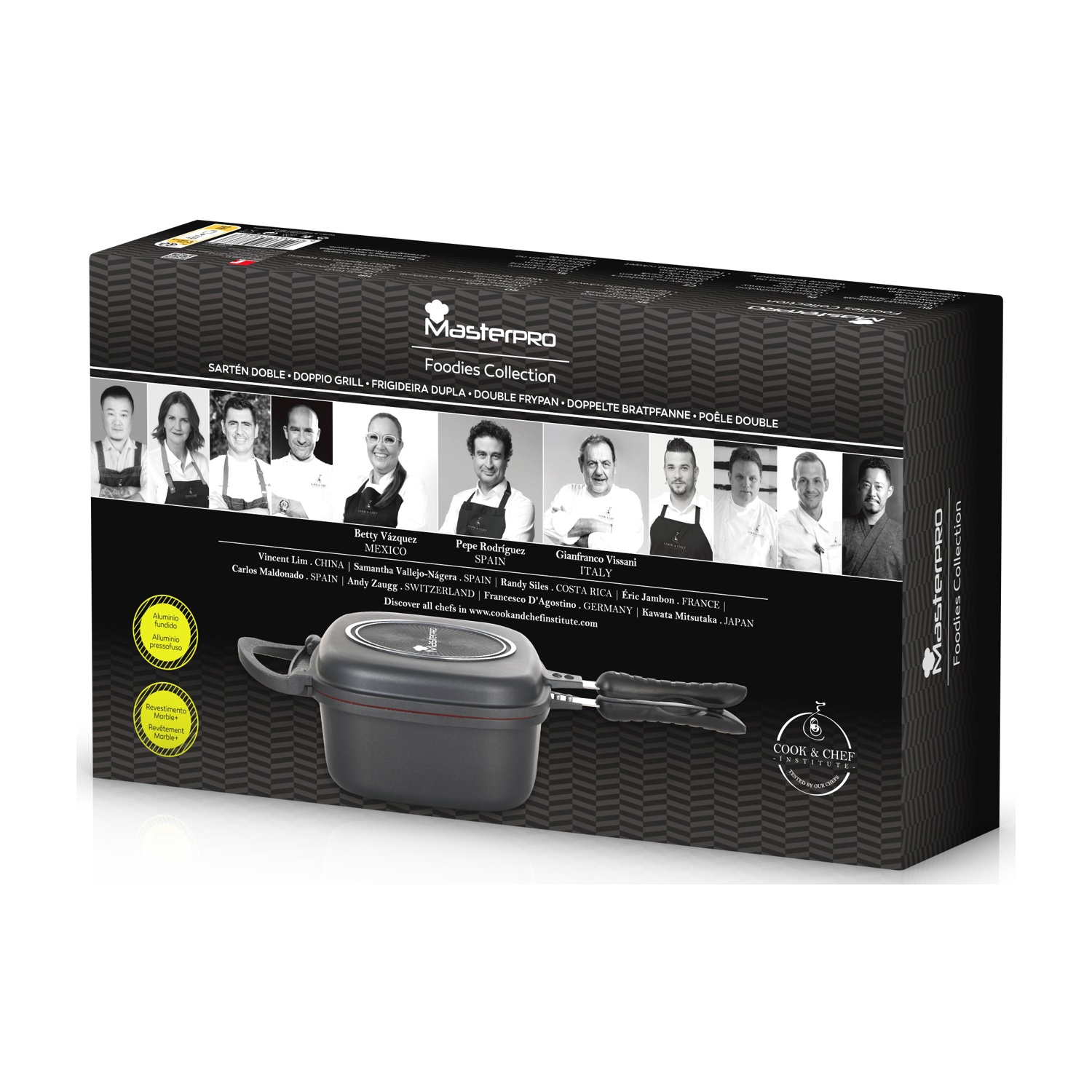 Caja MasterPRO Foodies Collection con chefs y una sartén doble gris.