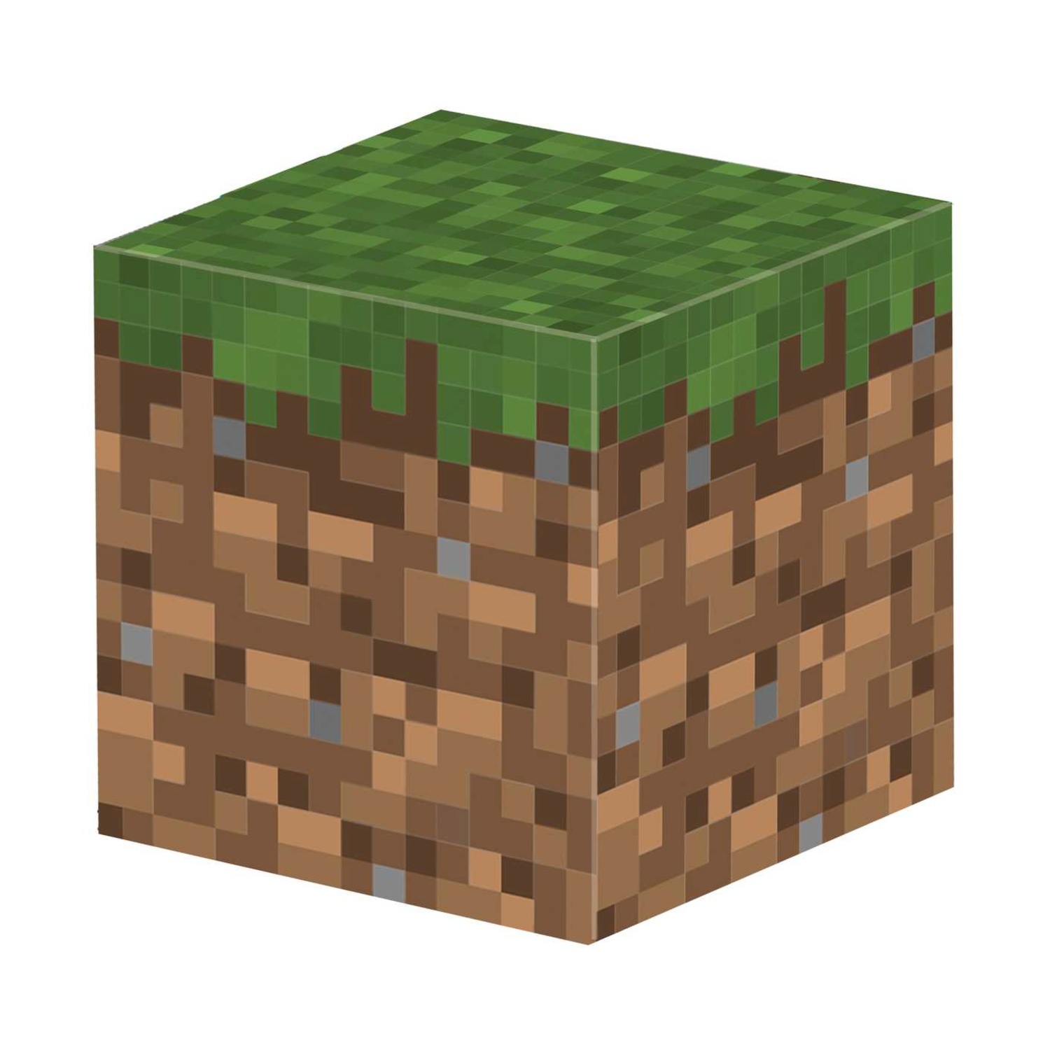 Ein Minecraft-Block mit einer grünen Grasoberseite und braunem Erdreich darunter.