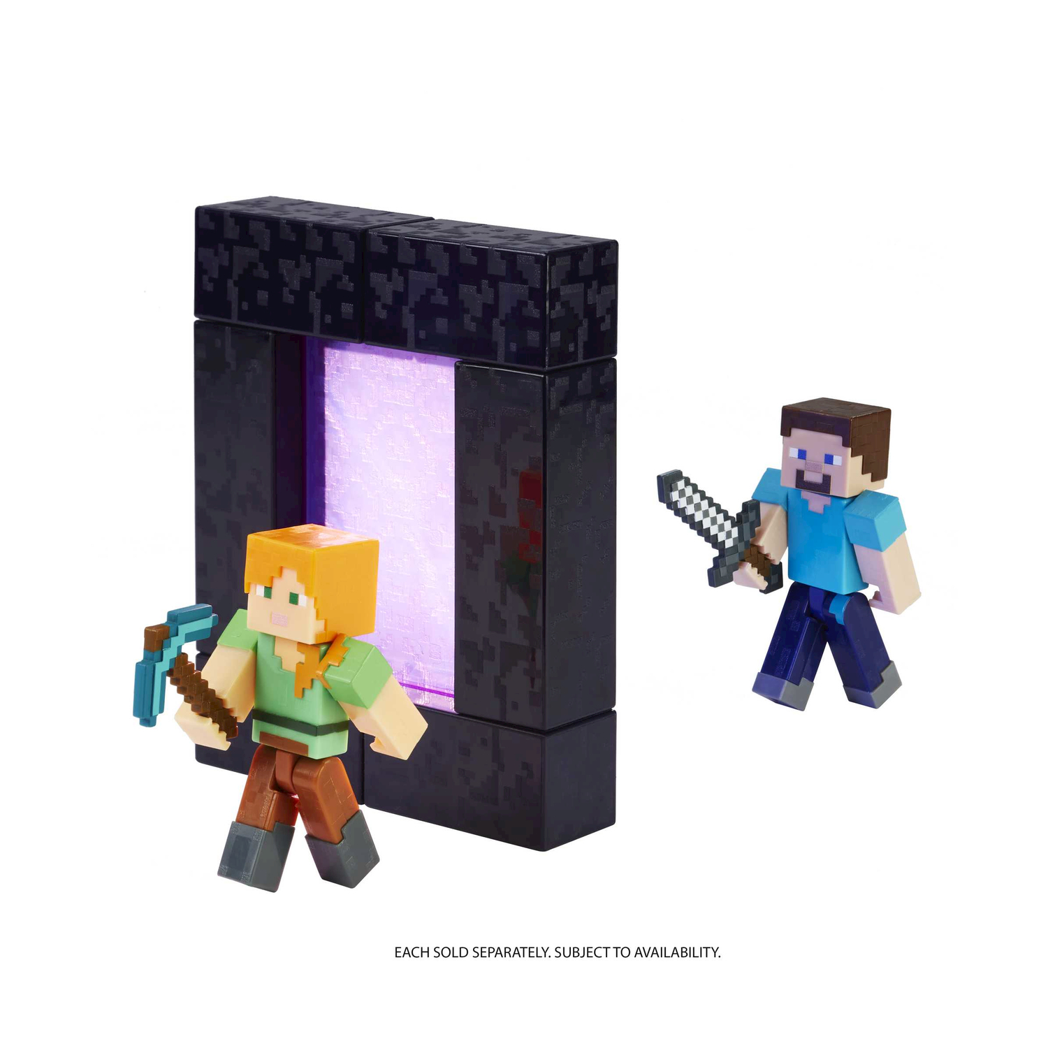 Alex mit Spitzhacke und Steve mit Schwert vor einem Minecraft Portal.