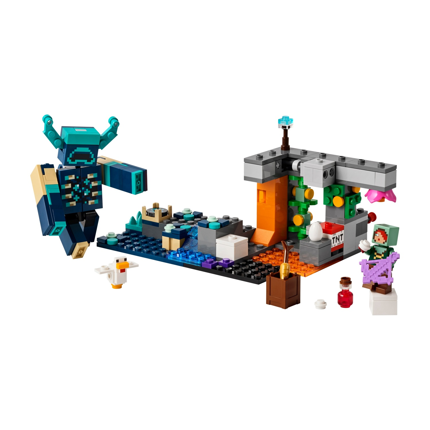 LEGO Minecraft-Set mit Warden, Huhn, Spielerfigur, TNT und Lava.