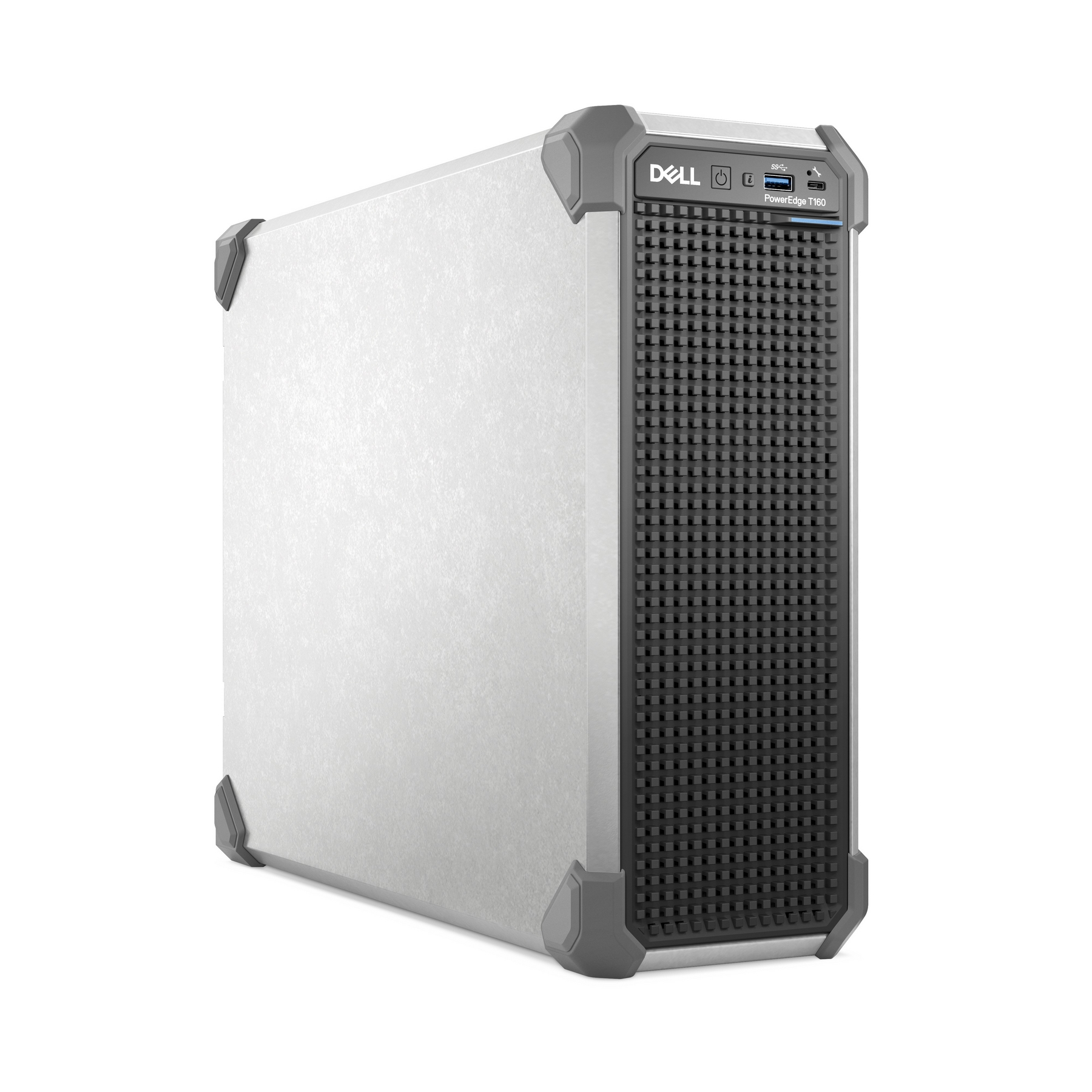 Una torre server Dell PowerEdge T160 texturizzata bianca con accenti grigi.