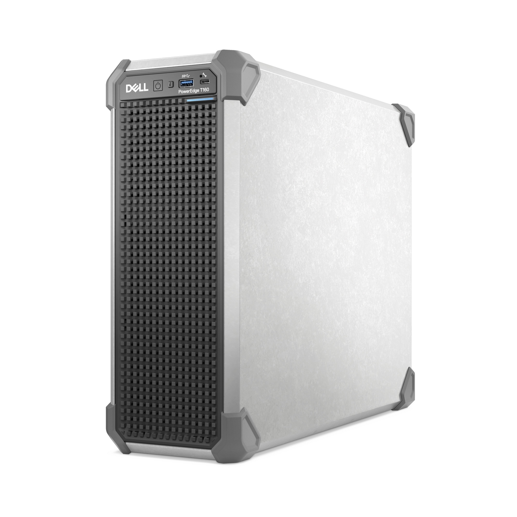 Un server Dell PowerEdge T160 bianco con pannello frontale nero si erge su sfondo bianco.