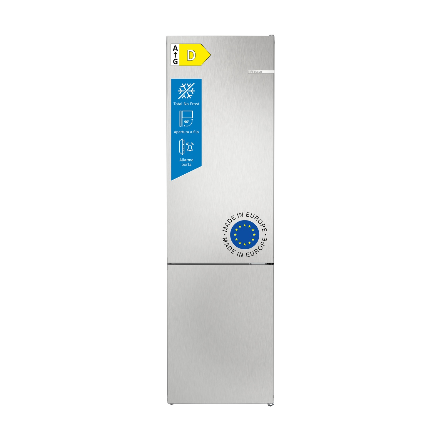Un refrigerador Bosch plateado con clase de eficiencia energética D y etiqueta 'Hecho en Europa'.