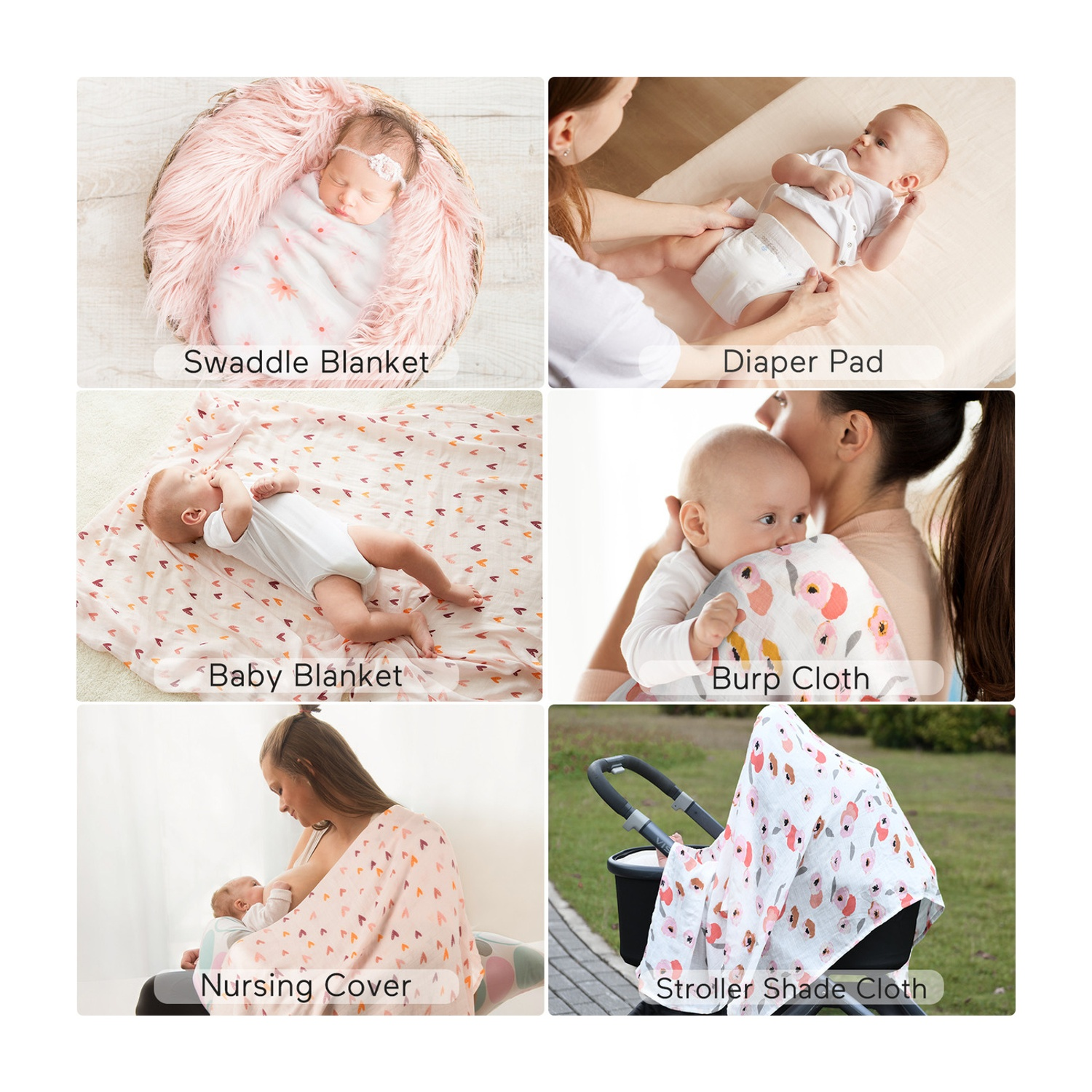 Bambino in cesto, bambino su fasciatoio, bambino su coperta, bambino in braccio, bambino allattato, copriseduta passeggino.