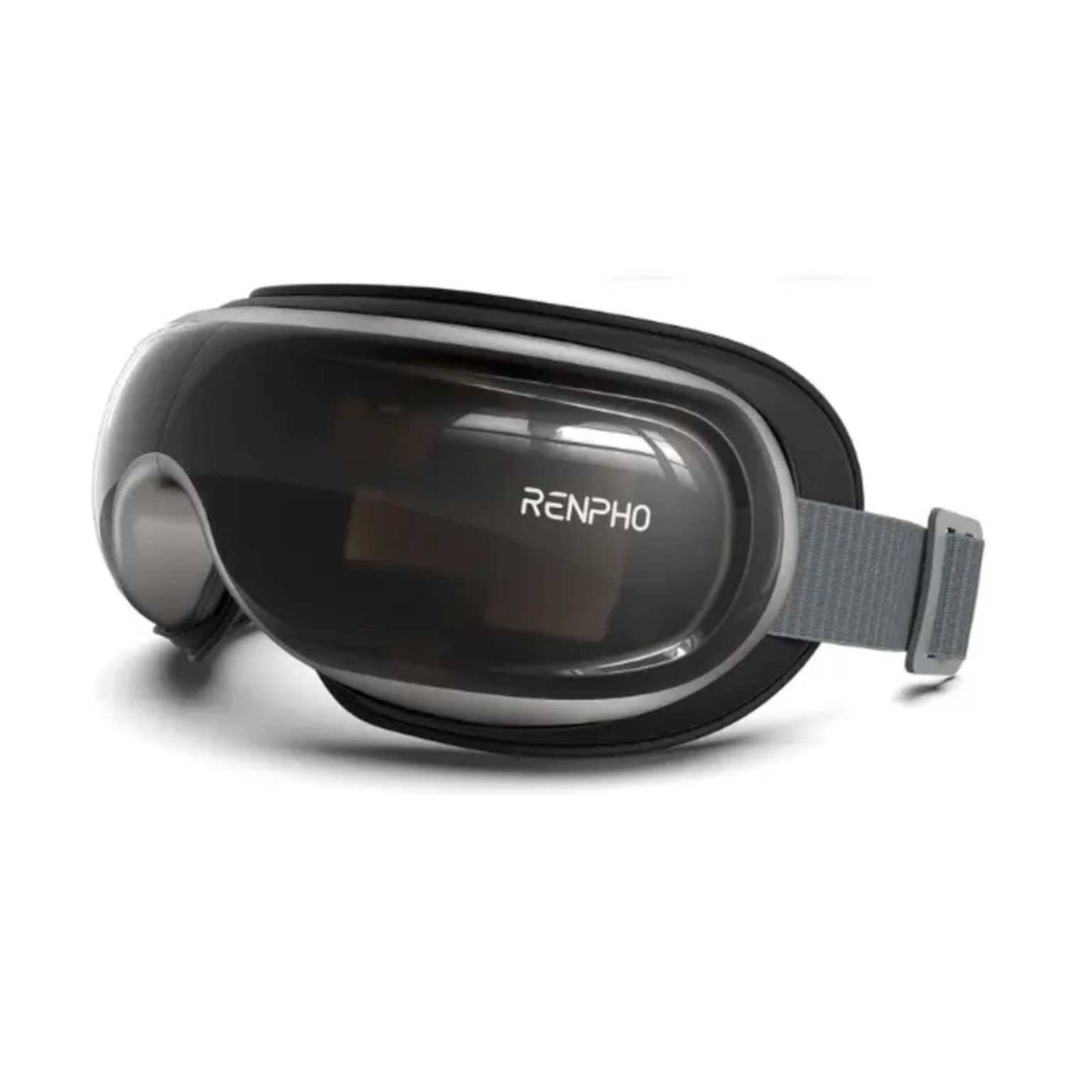 Un masajeador de ojos negro con el logo de RENPHO y una correa gris.