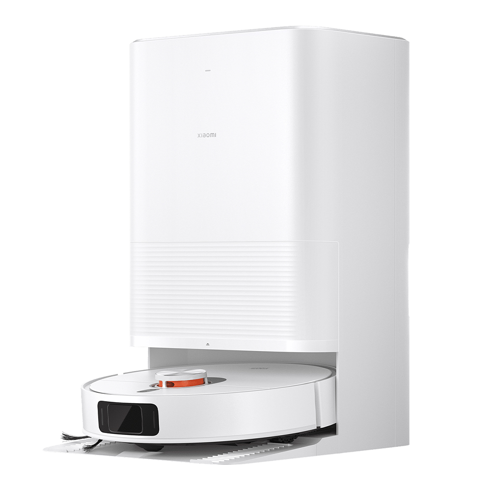 Ein weißer Saugroboter mit Ladestation. Der Roboter hat eine orangefarbene Oberseite.