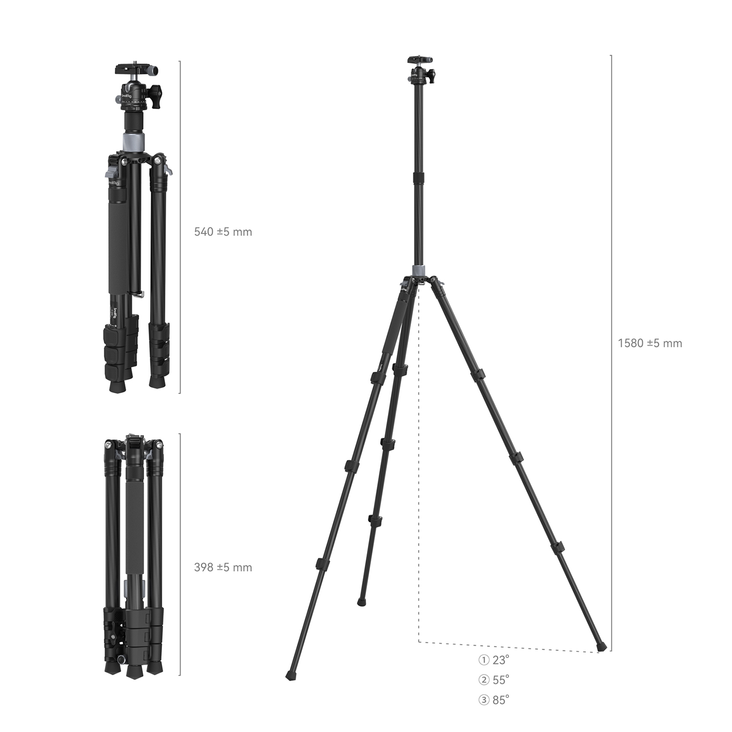 A black tripod shown in three views: extended, folded, and with legs at 23°.