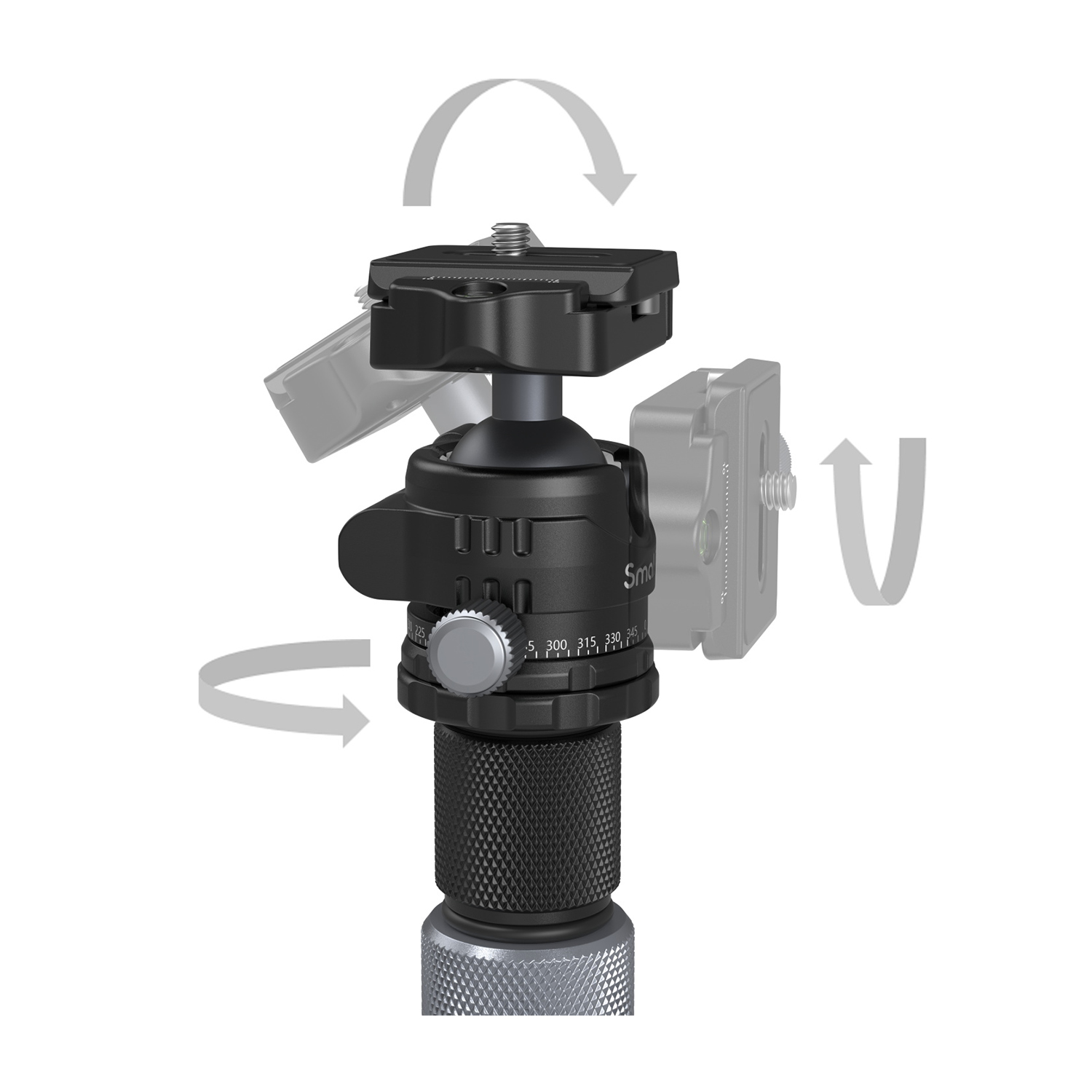 Black and grey camera head with arrows indicating rotations.