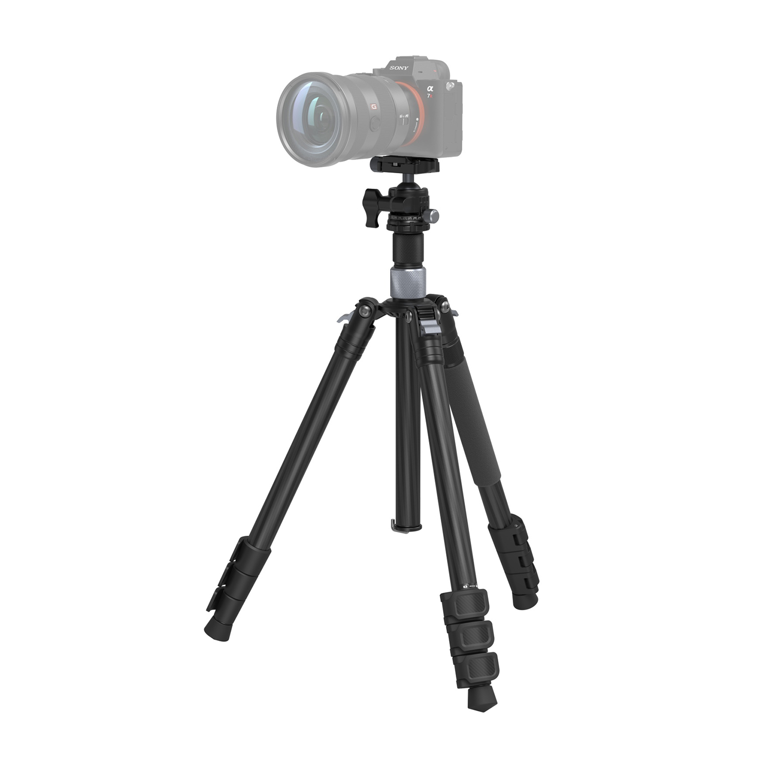 A black tripod holding a Sony Alpha 7 camera.