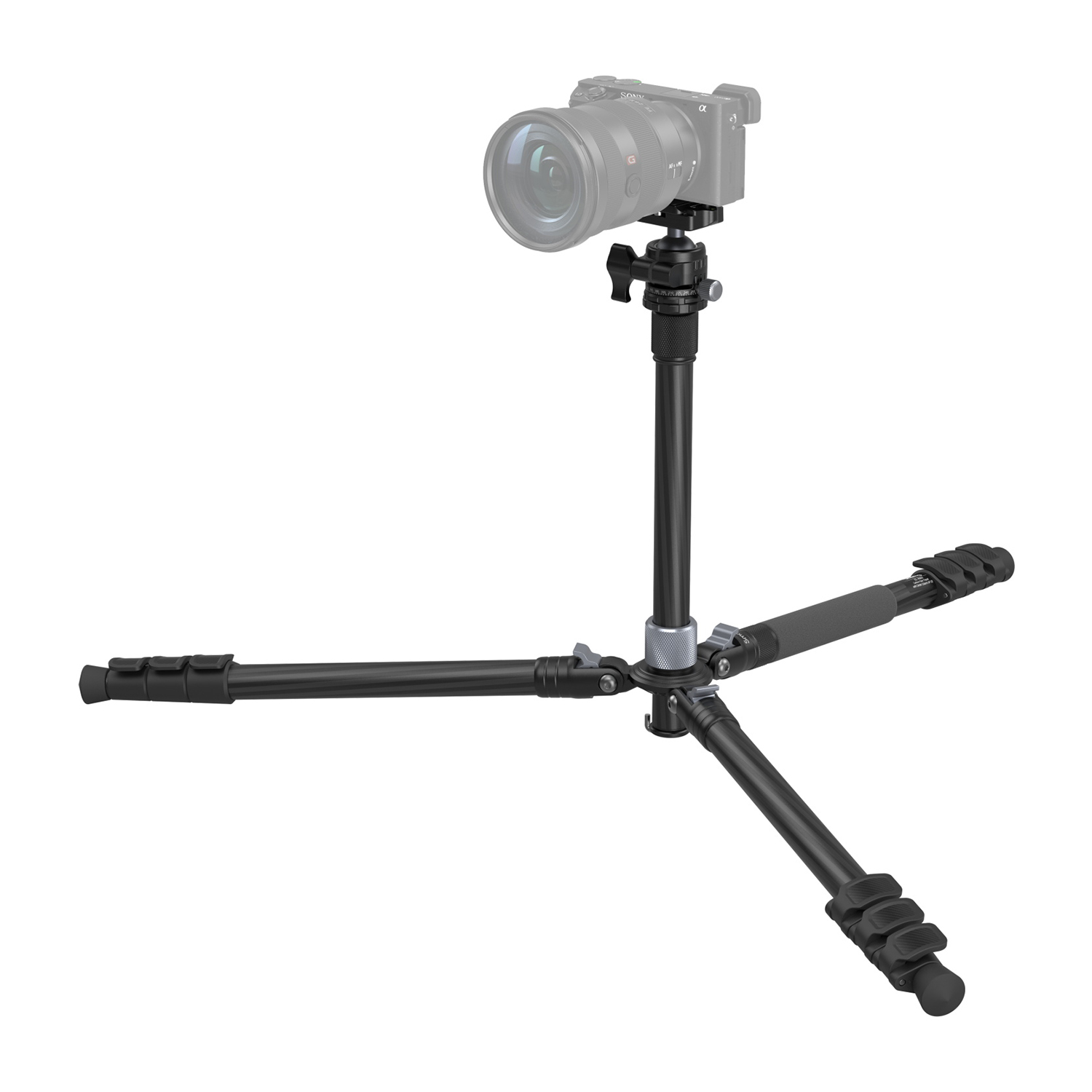 A black camera tripod with camera and lens, on a white background.