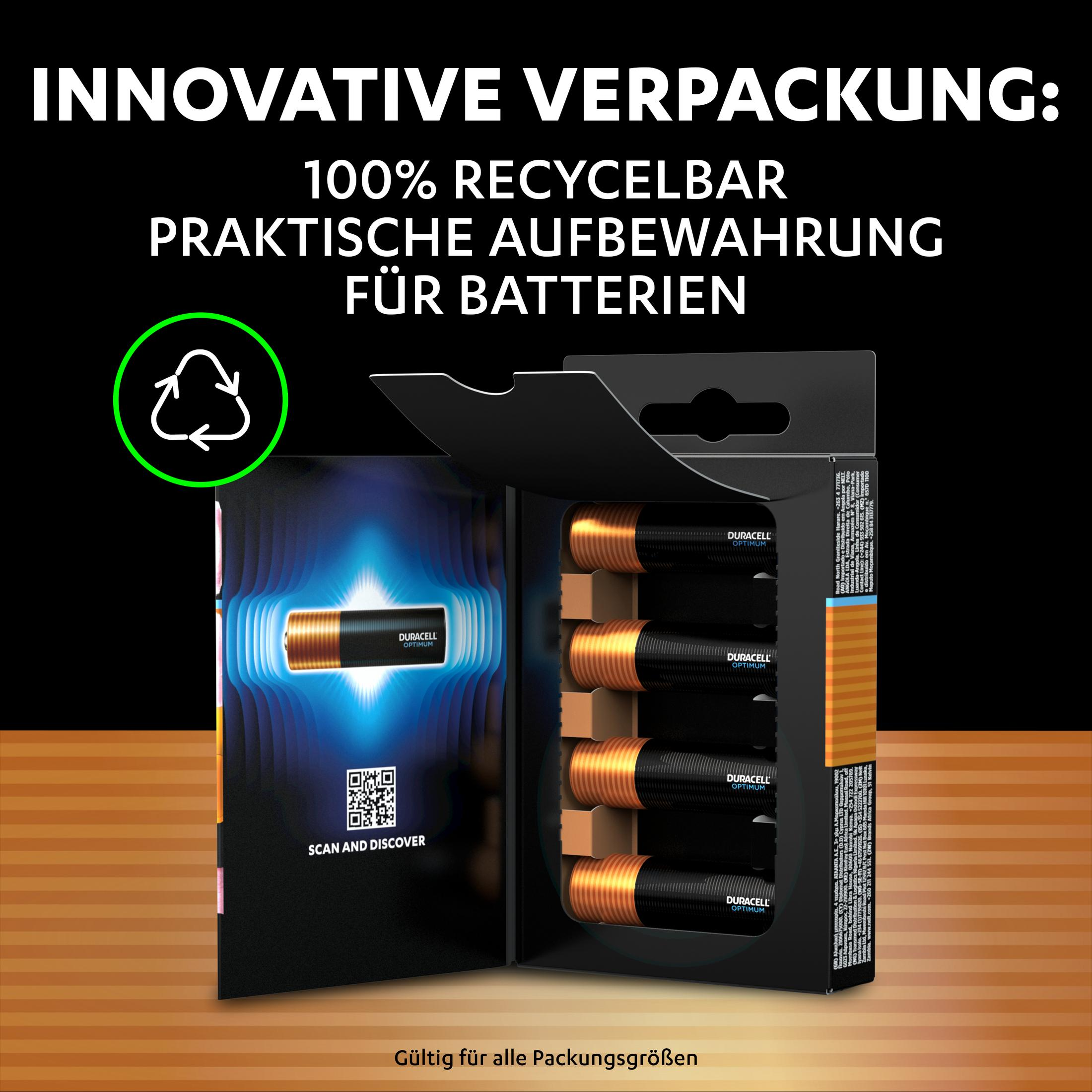 Baterie Duracell w innowacyjnym, recyklingowym opakowaniu z symbolem recyklingu.