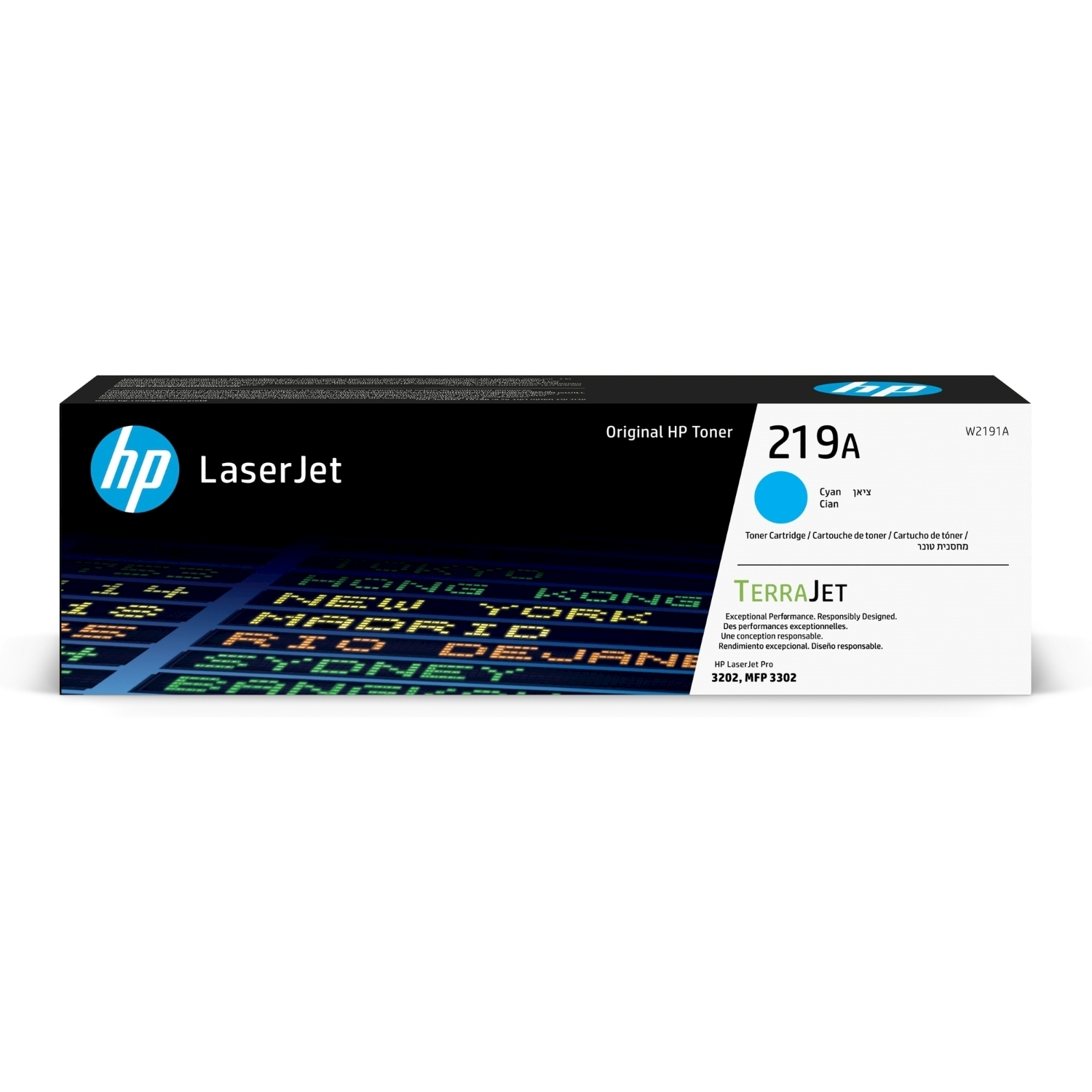 Oryginalny toner HP 219A Cyan na tle nazw miast.