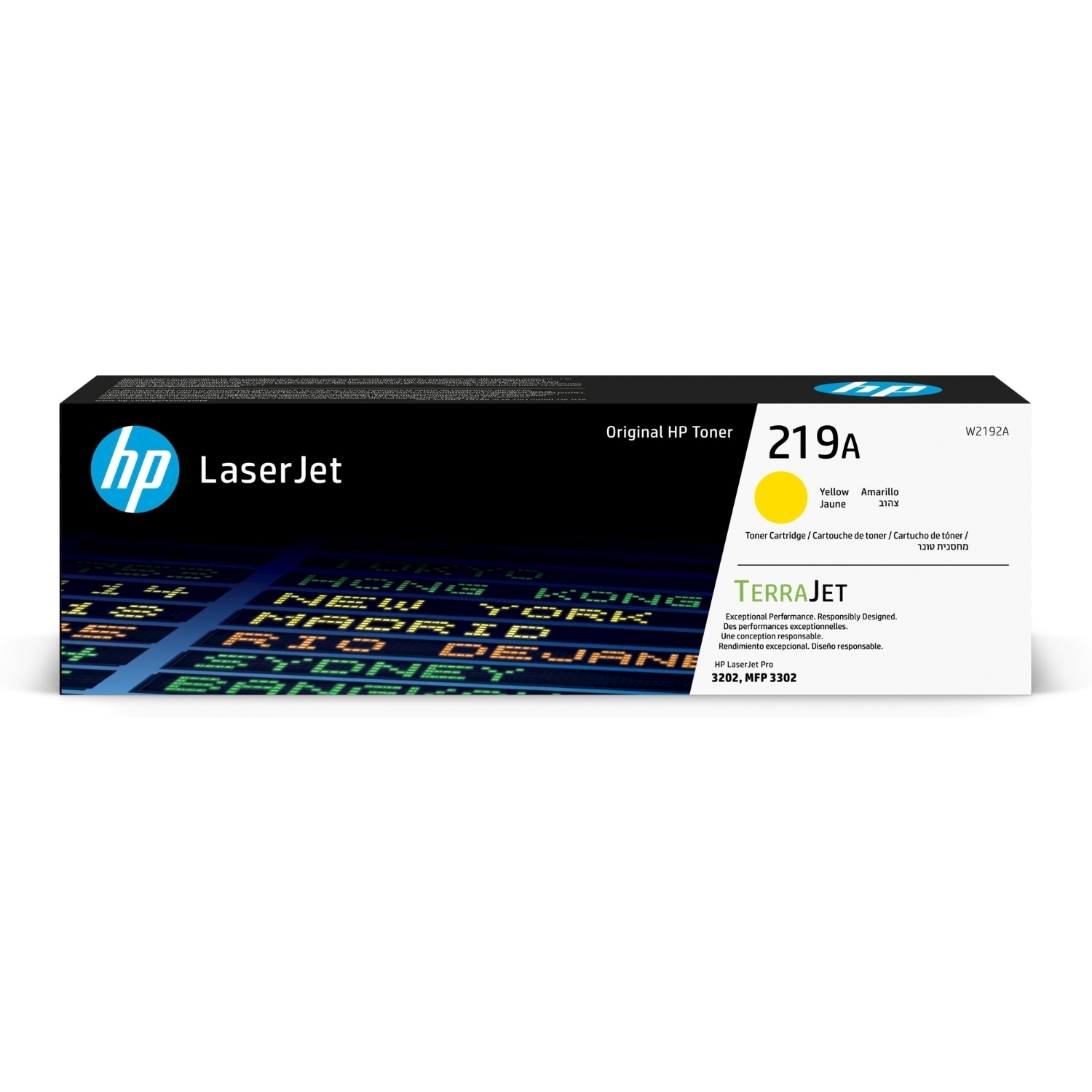 Oryginalny żółty toner HP 219A do LaserJet Pro. Na górze ekran z nazwami miast.