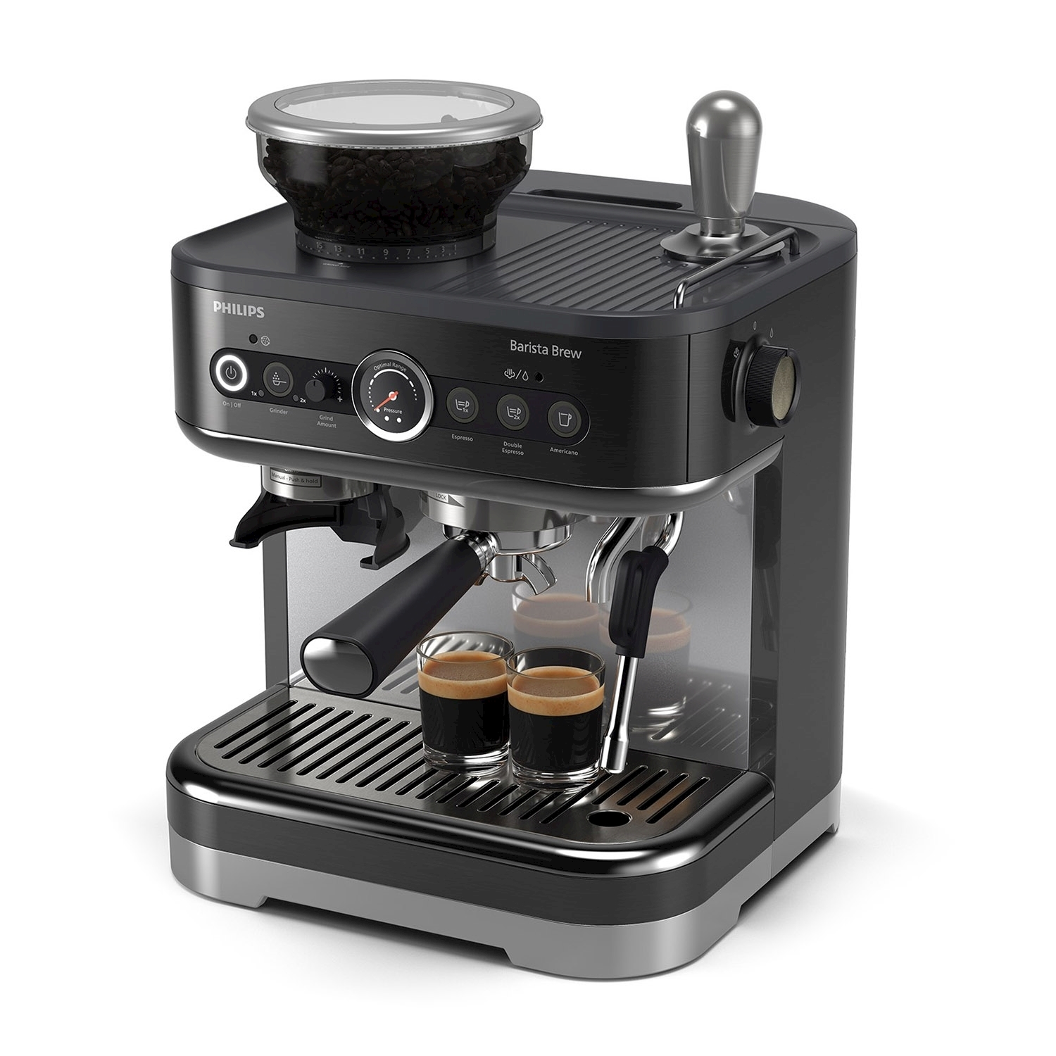 Czarny ekspres do kawy Philips z pojemnikiem na ziarna i dwoma filiżankami espresso.