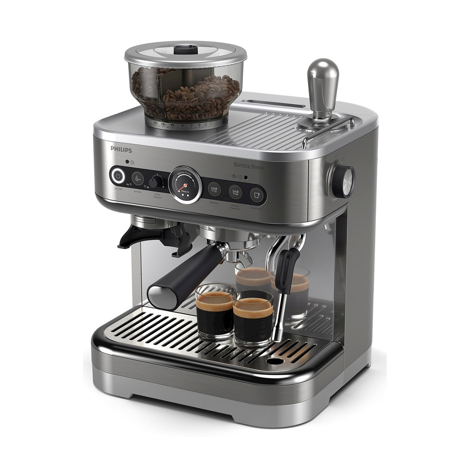 Srebrna ekspres do kawy Philips z pojemnikiem na ziarna i dwoma filiżankami.