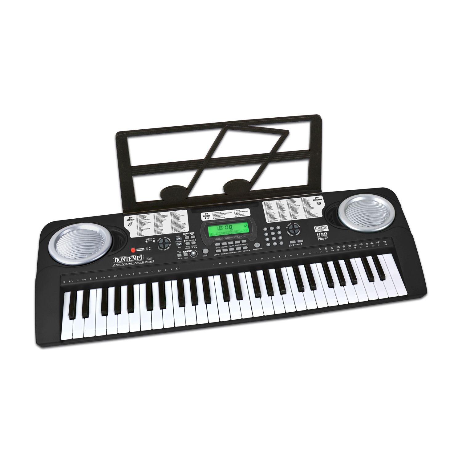 Schwarzes elektronisches Keyboard mit Notenständer, Lautsprechern und Tasten.