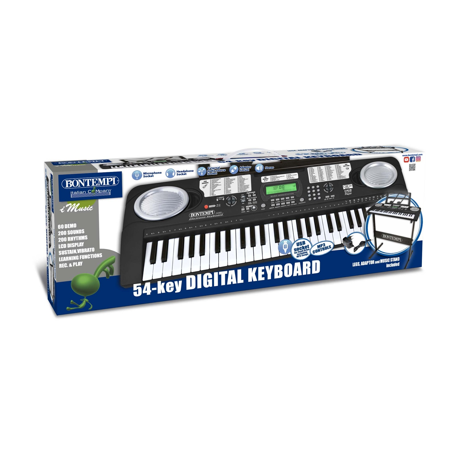 Bontempi 54-Tasten Digital Keyboard mit Lautsprechern, Anschlüssen und Zubehör auf der Verpackung.