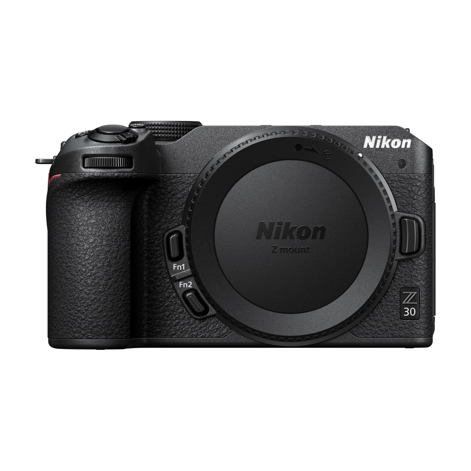 Una fotocamera Nikon Z 30 nera con tappo obiettivo e pulsanti di controllo.