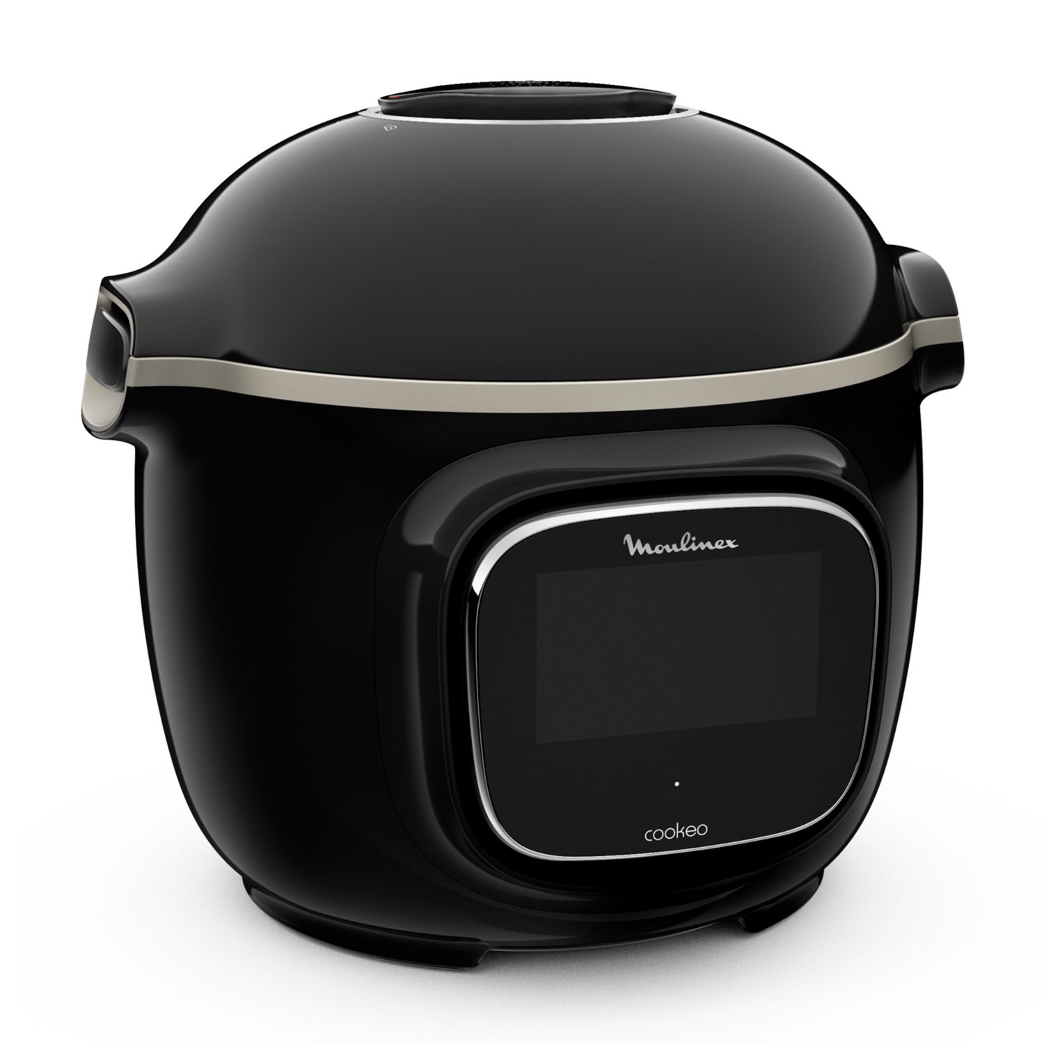 Multicooker nero con display touchscreen e finiture argentate.