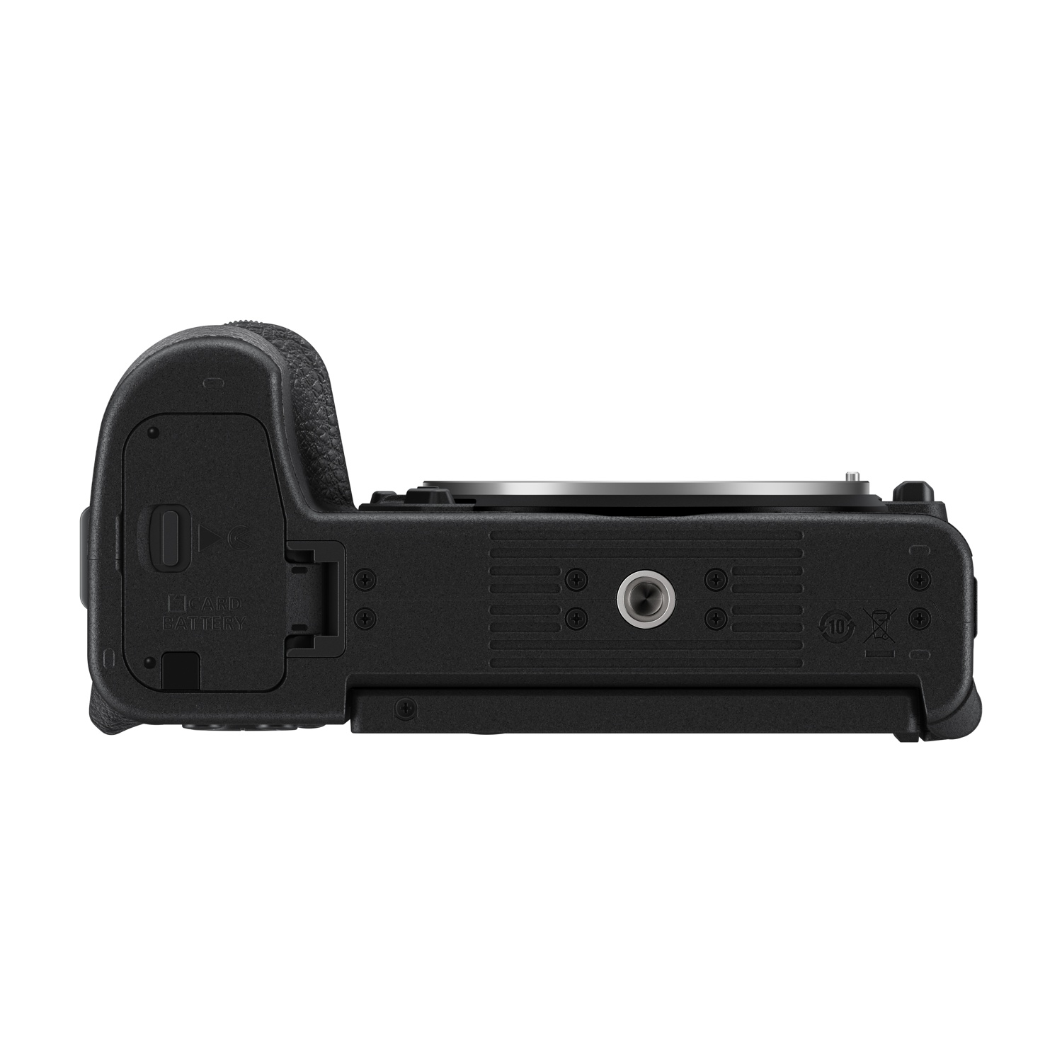 Fotocamera nera con attacco obiettivo e sportello vano batteria.