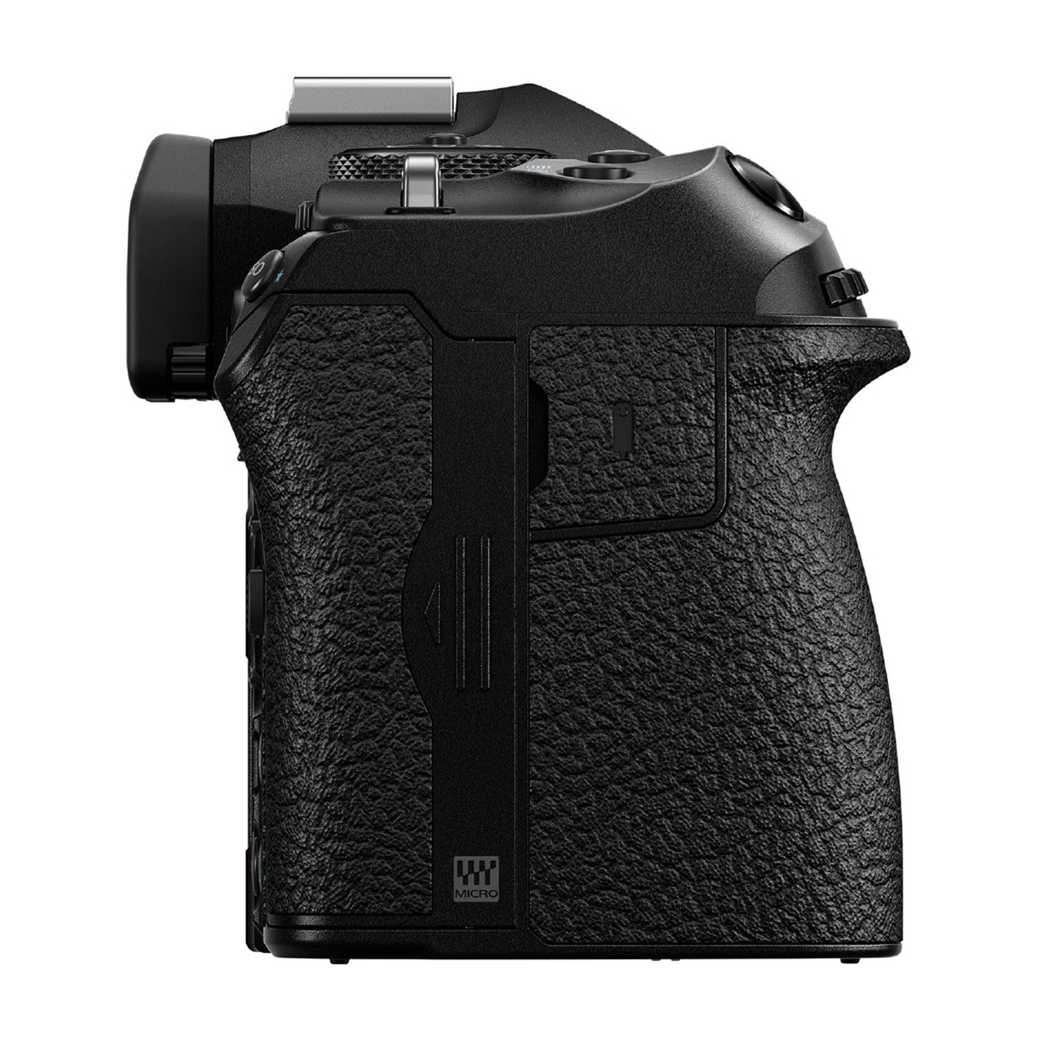 Schwarze Kamera von der Seite mit Grifftextur und Bedienelementen.