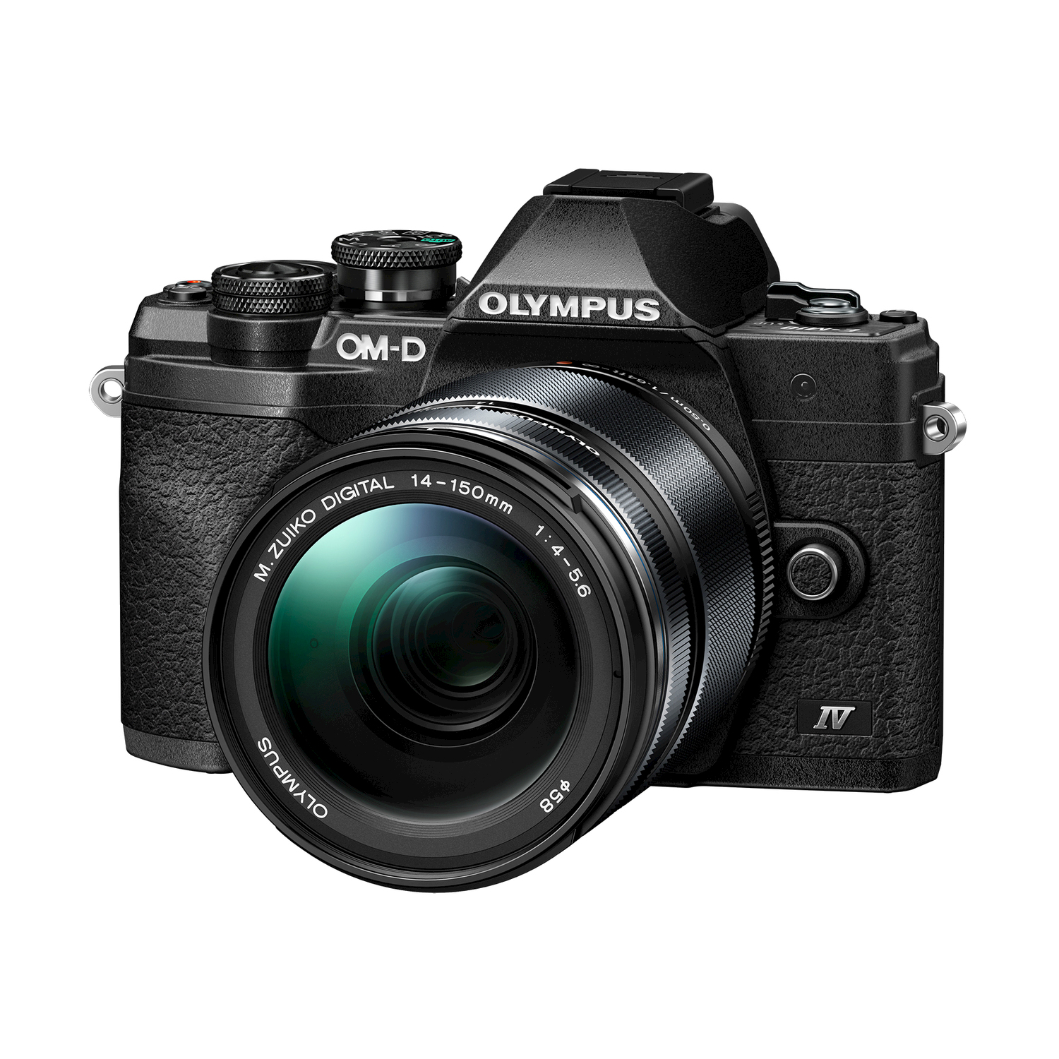 Schwarze Olympus OM-D Kamera mit Objektiv, auf weißem Hintergrund.