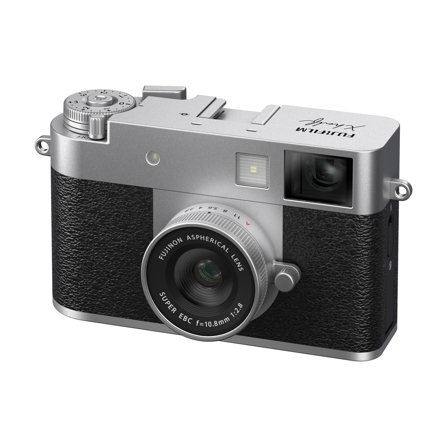 Eine silberne Fujifilm X-half Kamera mit schwarzem Texturgriff und Fujinon-Objektiv.