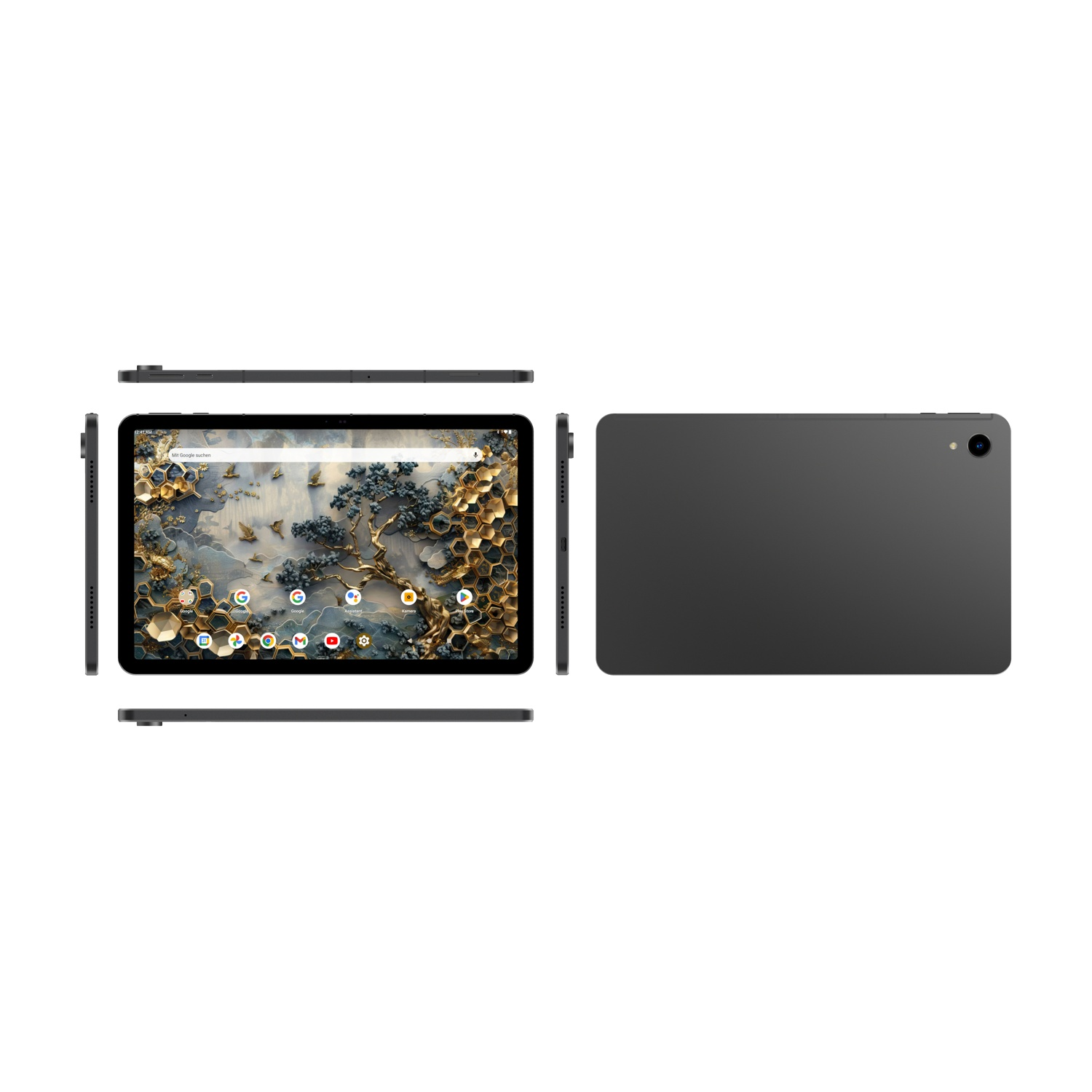 Dunkelgraues Tablet mit Display und Rückseite.