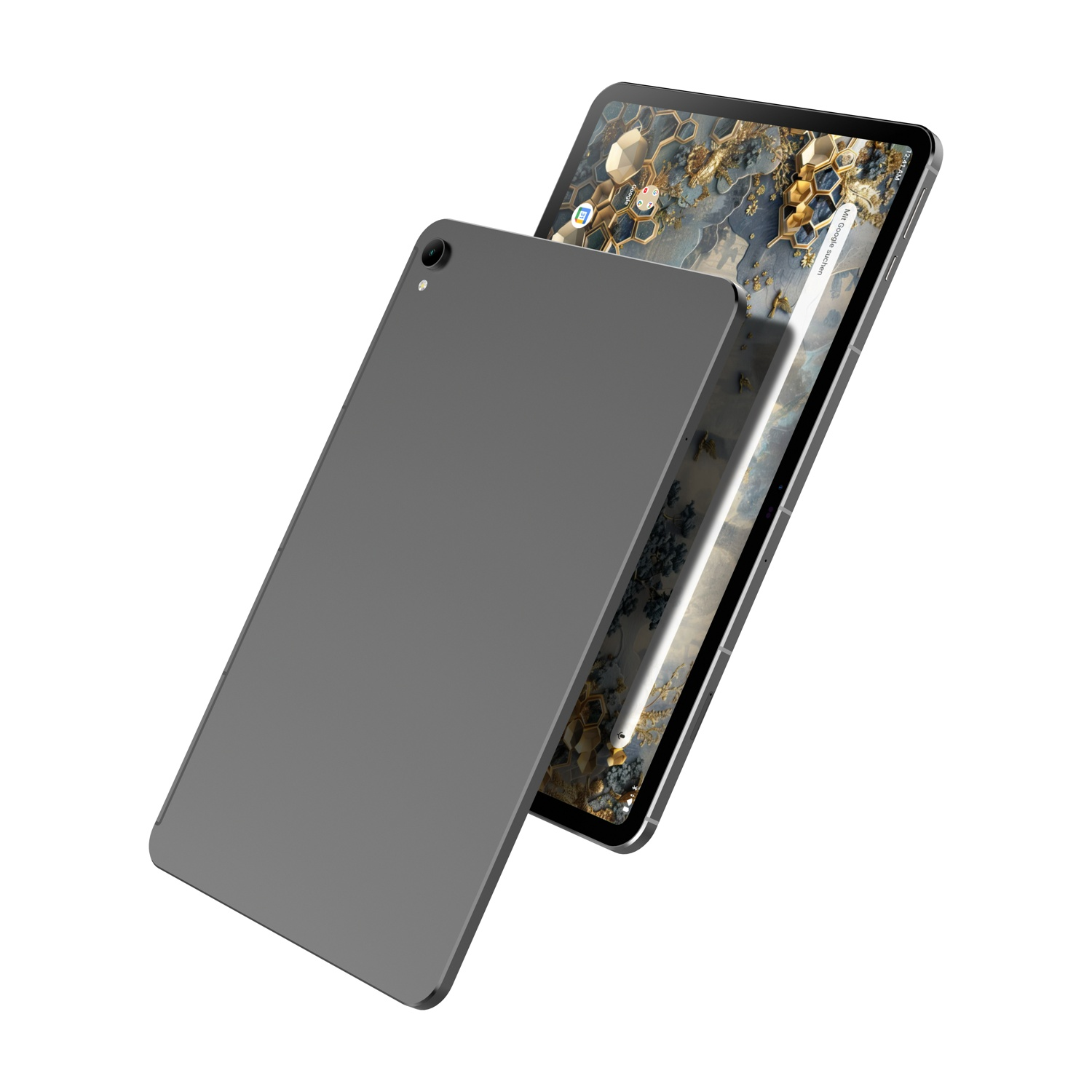 Ein graues Tablet mit einem kunstvollen Hintergrund auf dem Bildschirm, auf weißem Grund.
