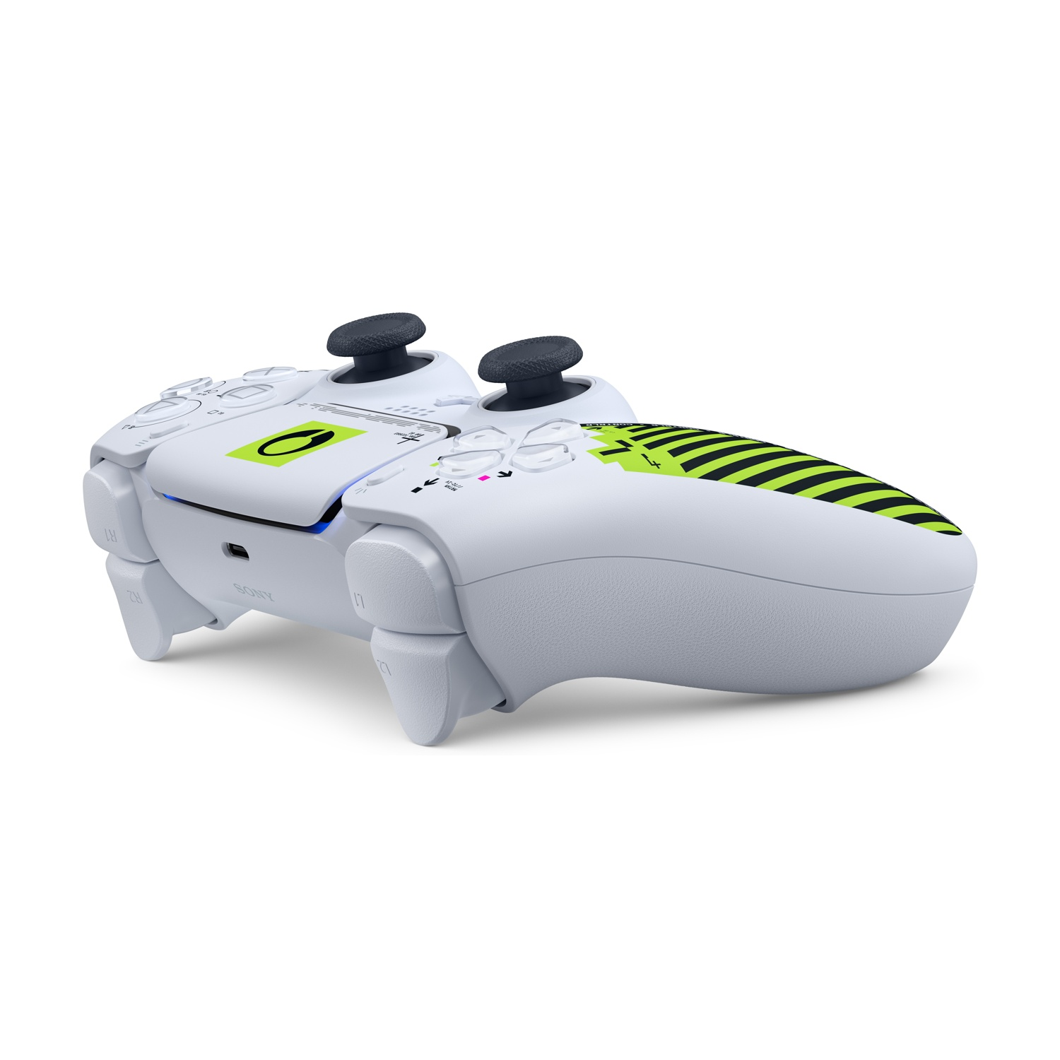 Ein weißer Controller mit grünen und schwarzen Streifen und einem Kreis-Symbol.