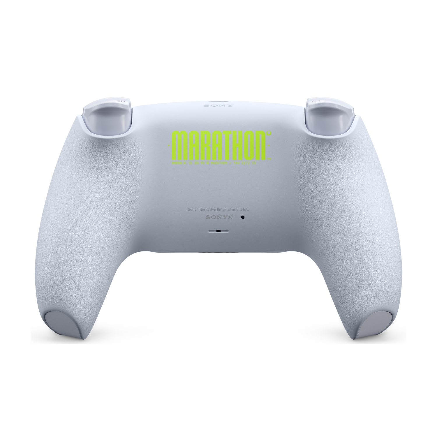 Weiße PlayStation 5-Controller-Rückseite mit neon-grünem MARATHON-Logo.