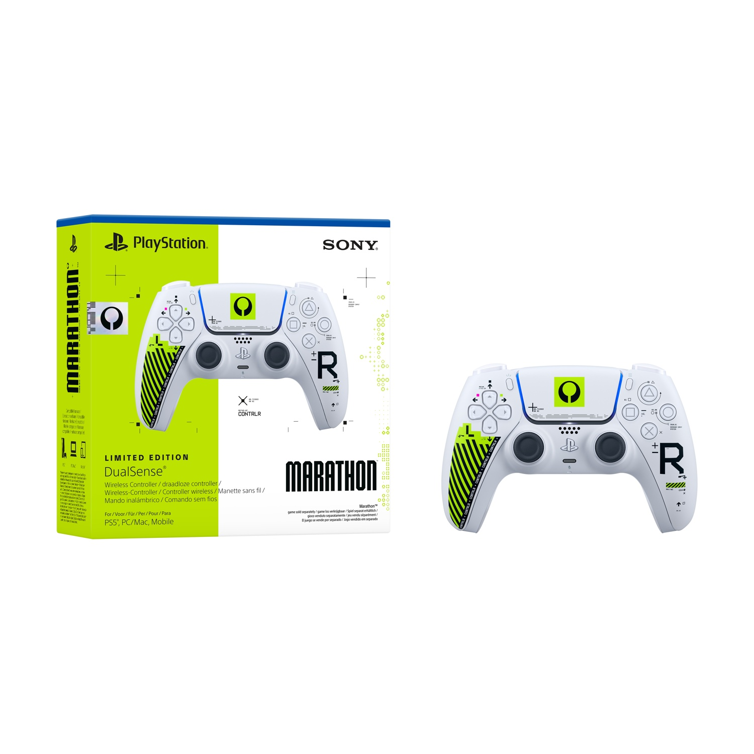PlayStation DualSense Controller im Marathon-Design, weiß mit grünen Akzenten.