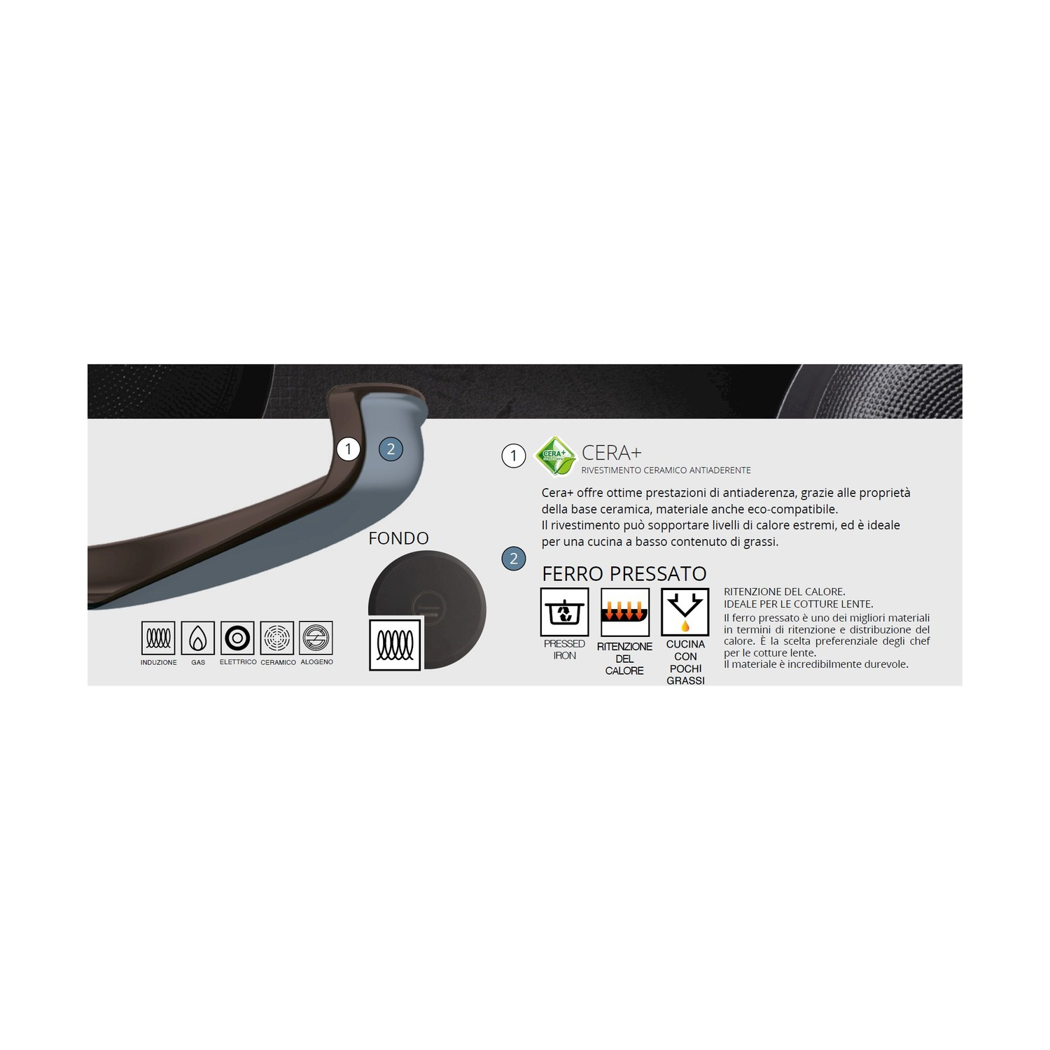 Dettagli pentola: Rivestimento antiaderente Cera+, induzione, gas, ceramica, alogeno. Ghisa con ritenzione calore.