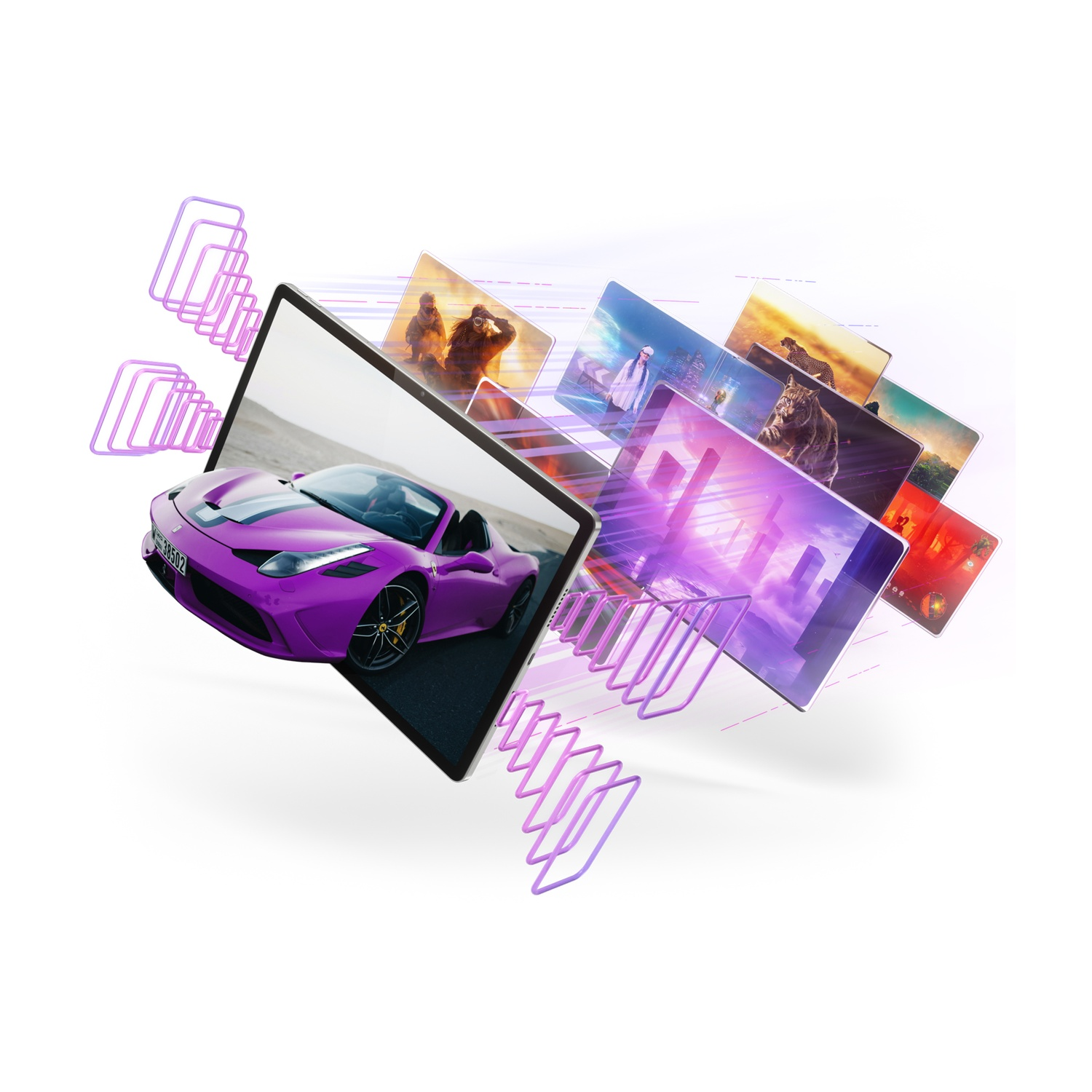 Fioletowy samochód sportowy na ekranie otoczony innymi cyfrowymi obrazami.